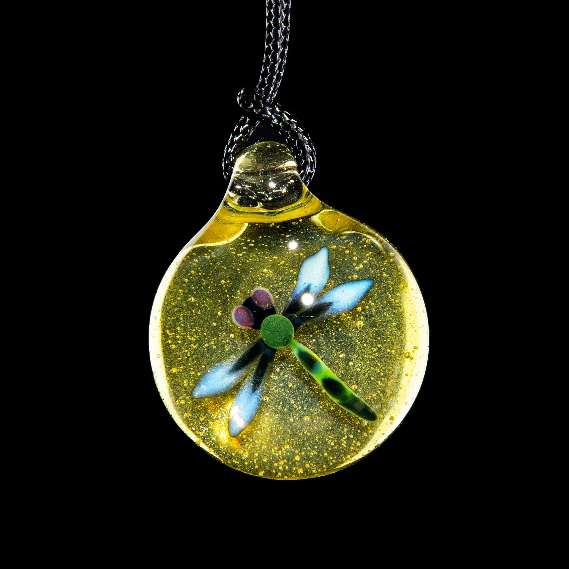 Lemondrop glass pendant with dragonfly design and glitter on black cord
