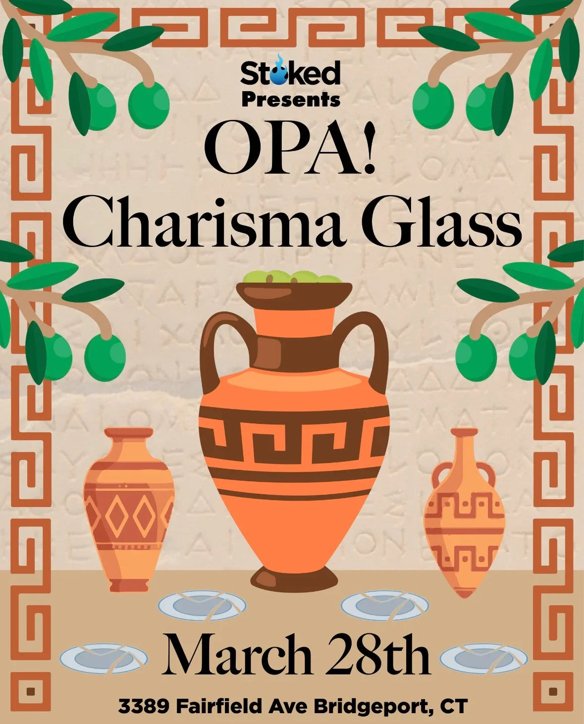 Greek-inspired event flyer with decorative vases, olive branches, and March 28 date details.