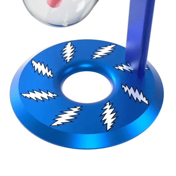 Blue metal dab tool stand with white lightning bolt designs, close-up view