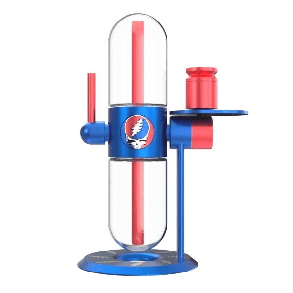 Blue and red glass water pipe with cylindrical design and logo on front, isolated background