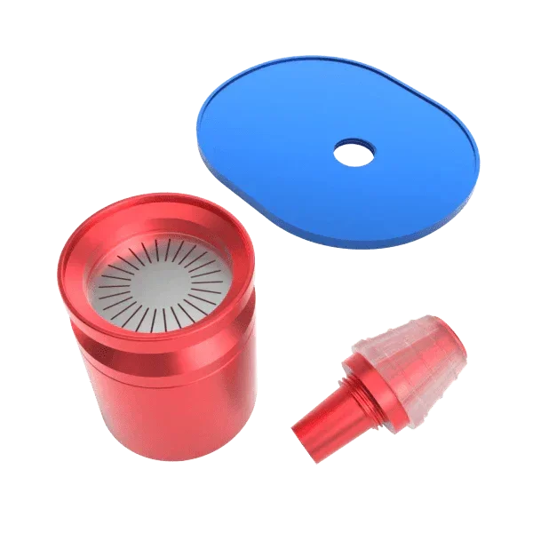 Red aluminum hookah bowl accessory with blue silicone lid and connector, isolated on white