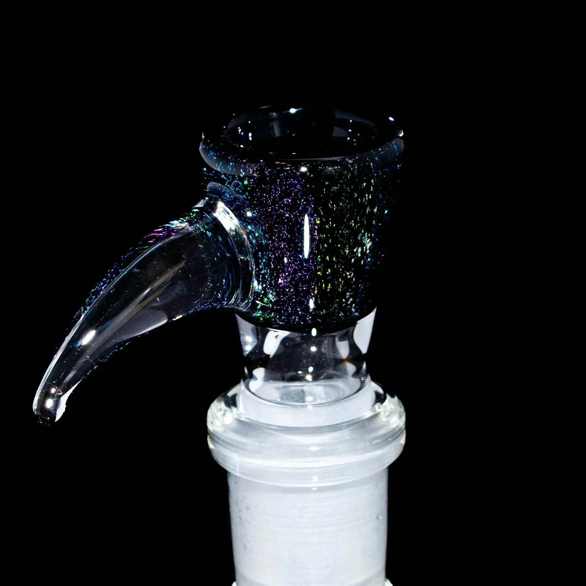 Black rainbow dichroic glass bowl slide with flare handle, 14mm, on black background