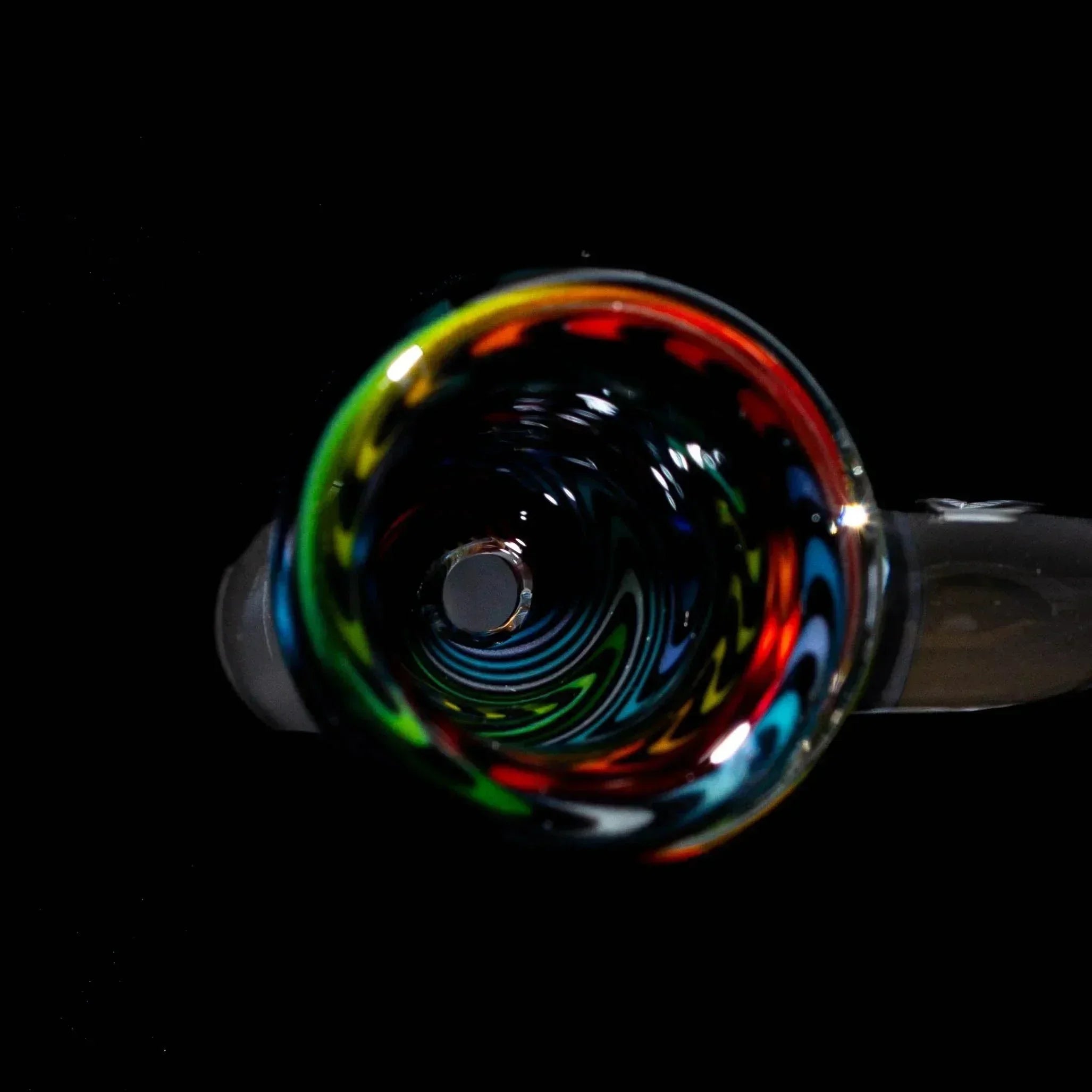 14mm glass flare slide with black and rainbow wig wag design on black background