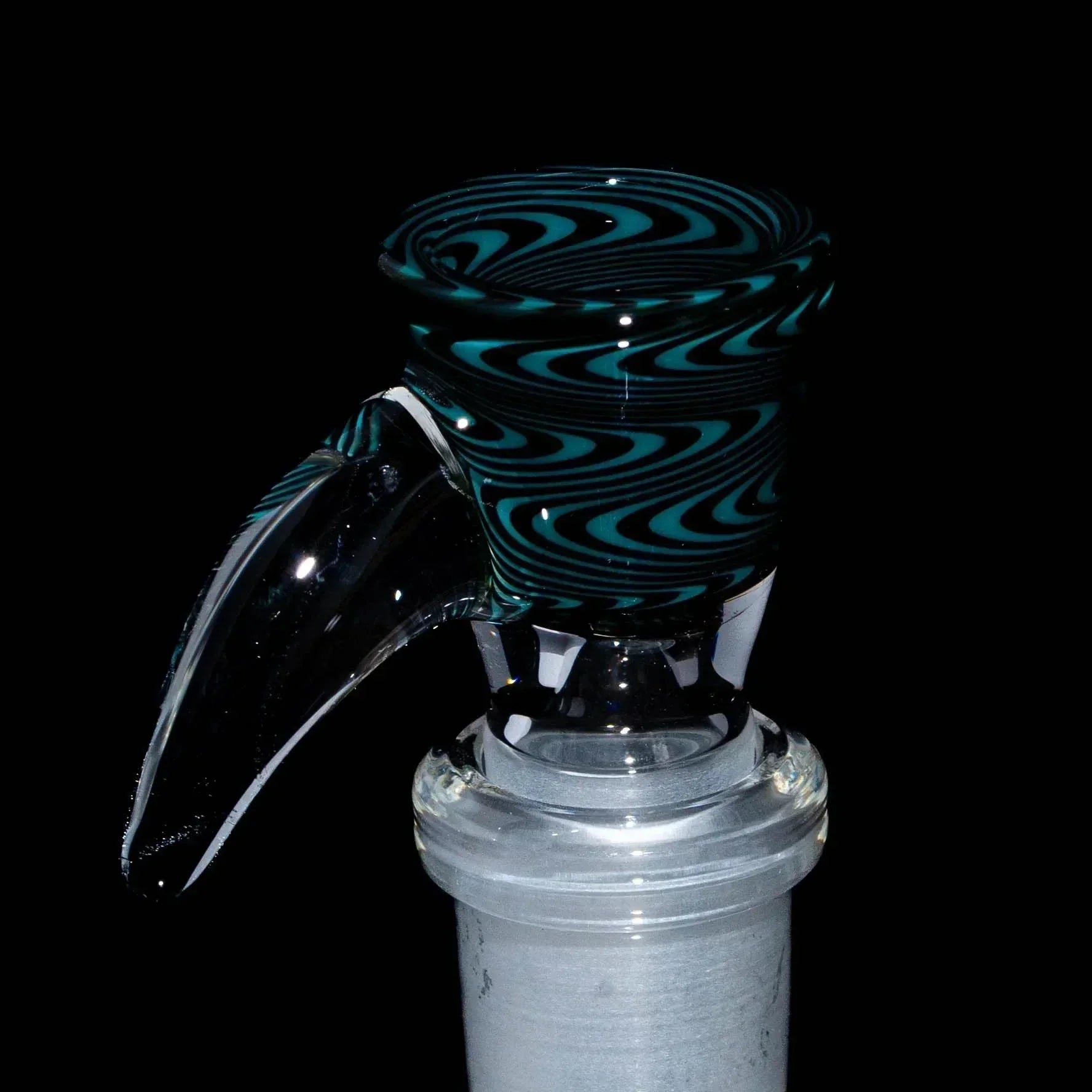 Black and teal wig wag 14mm glass slide bowl with handle for water pipe
