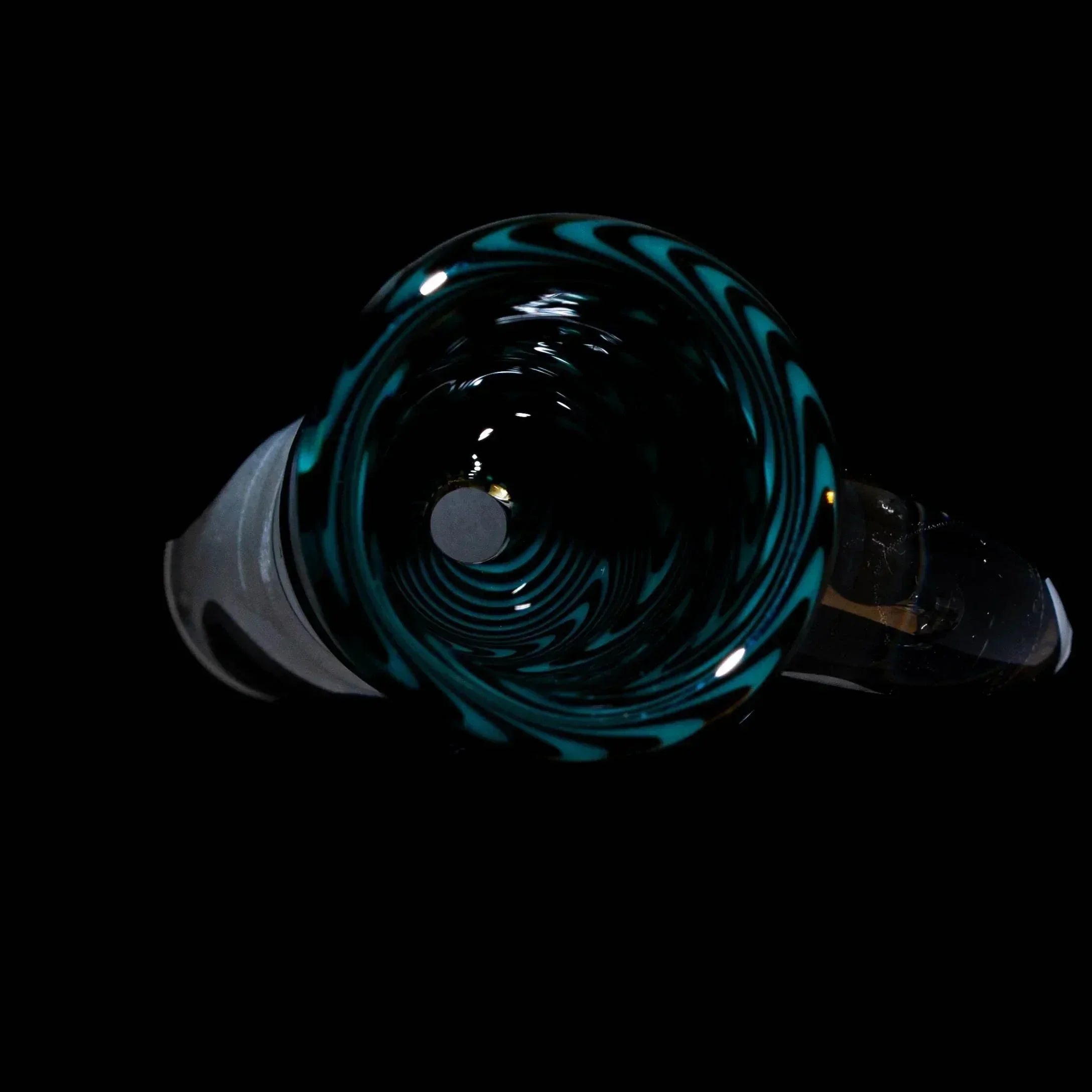 Black and teal wig wag 14mm glass bowl slide with flare design on black background