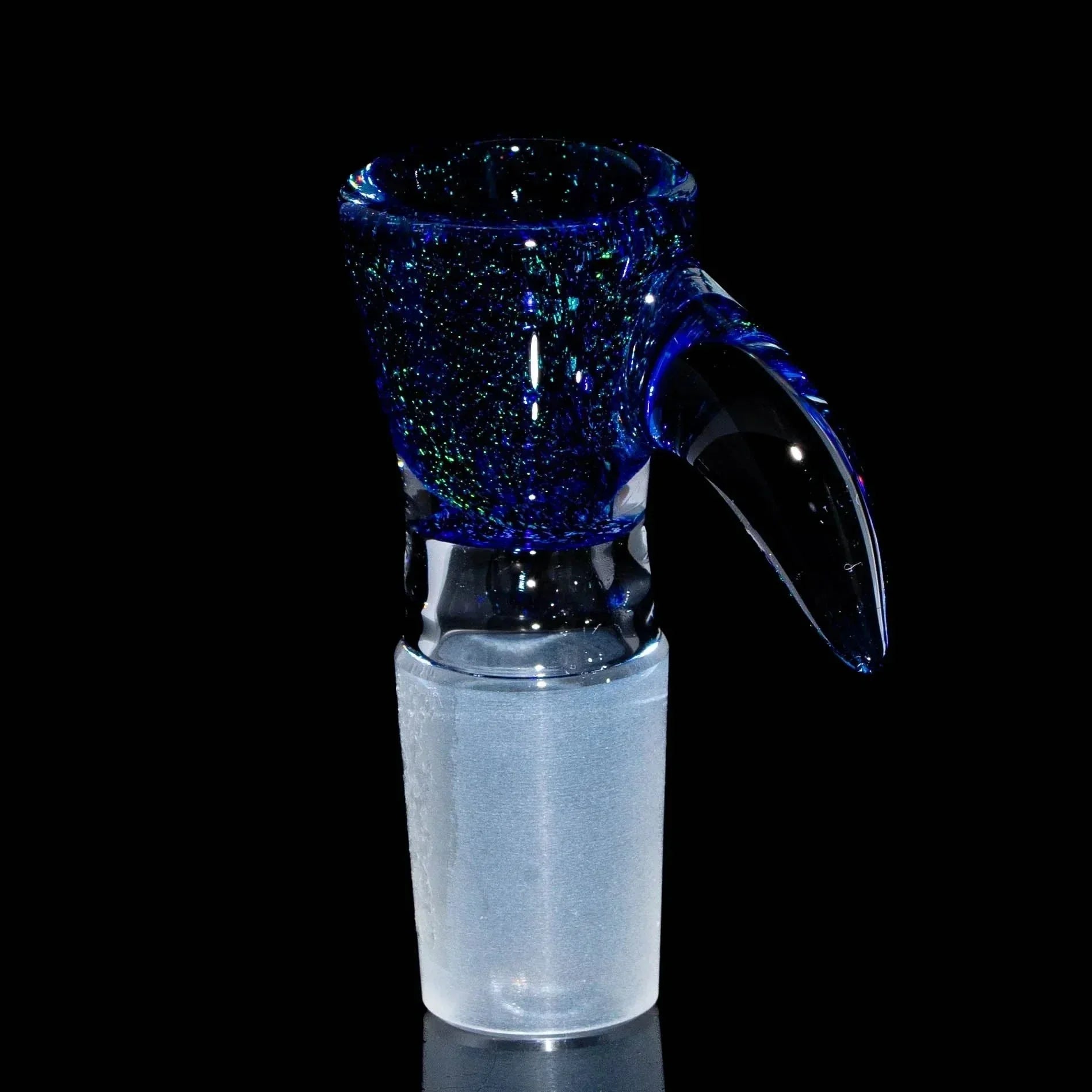 Blue dichro glass 18mm flare slide bowl with handle on black background
