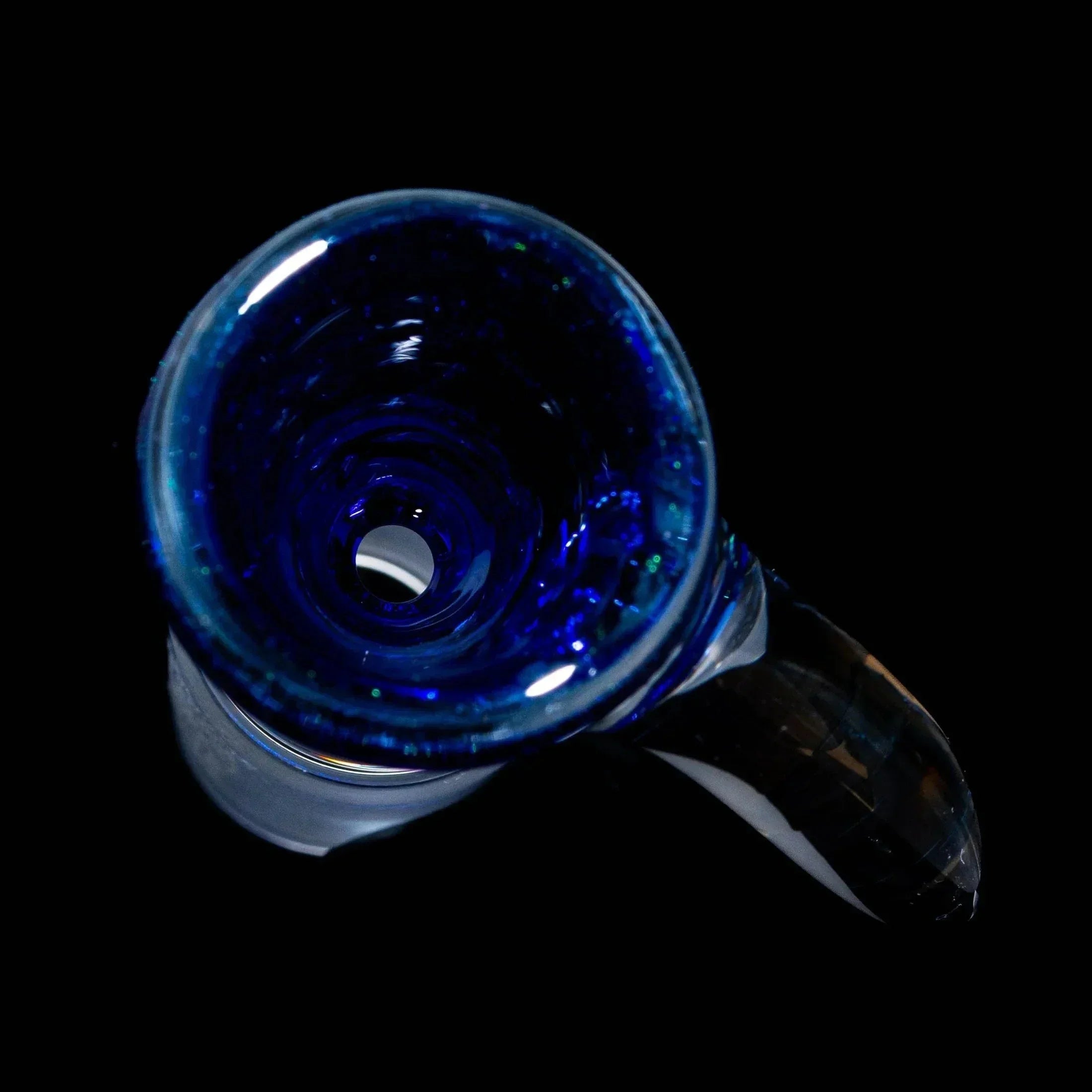 Blue dichroic 18mm glass slide bowl with flared edge on black background
