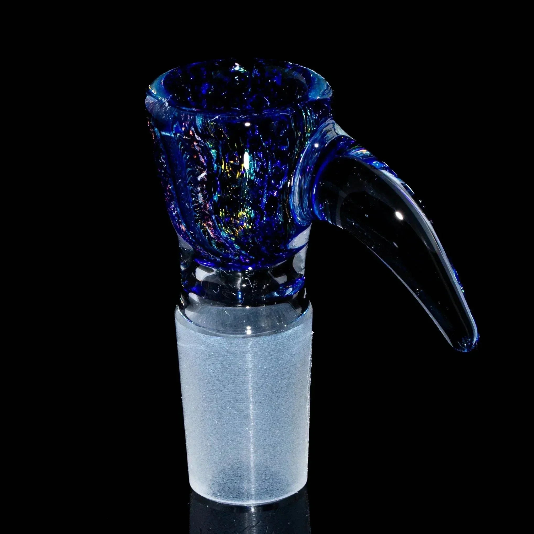 Blue rainbow dichro glass slide with handle, 18mm, showcased on black background