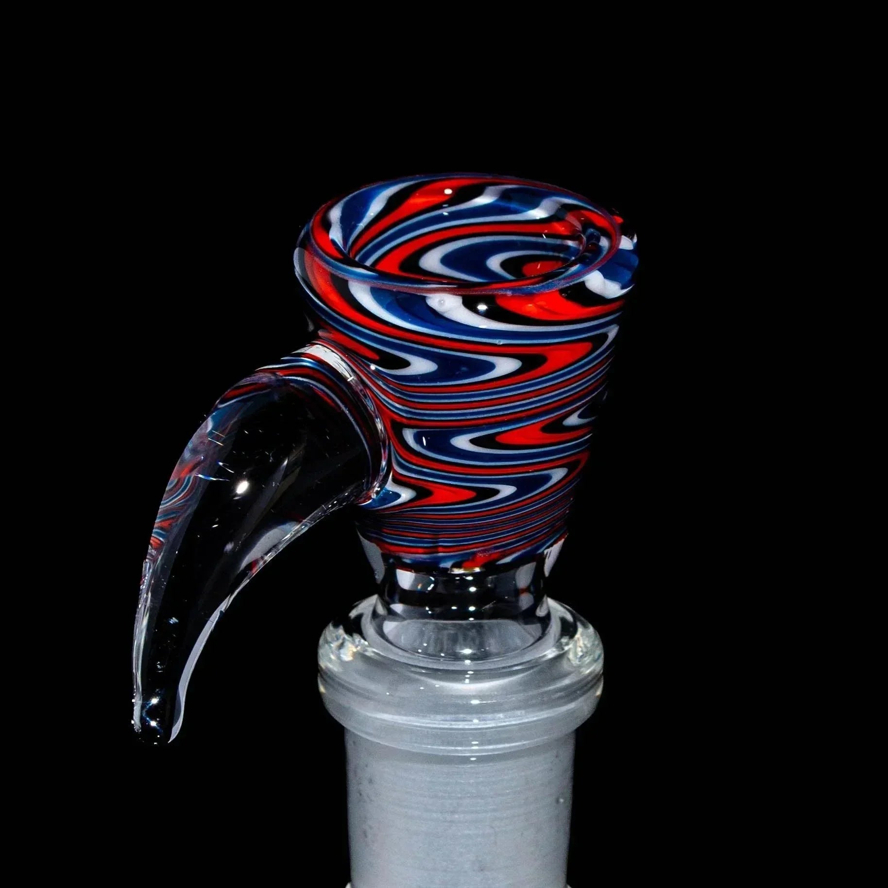 Blue, orange, and white glass 14mm flare slide bowl with unique wig wag swirl design