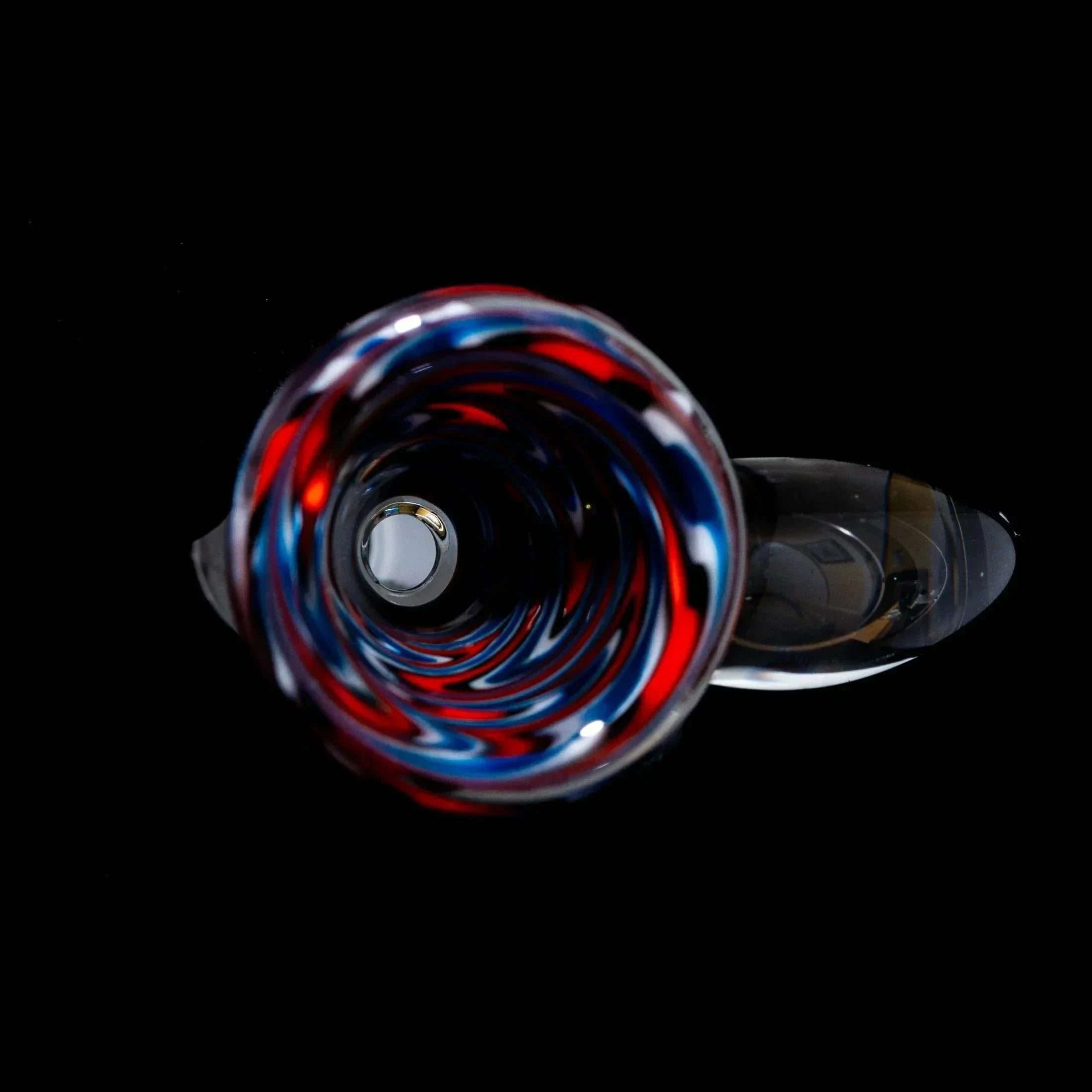 Blue, orange, and white wig wag 14mm glass bowl slide with flared lip on black background