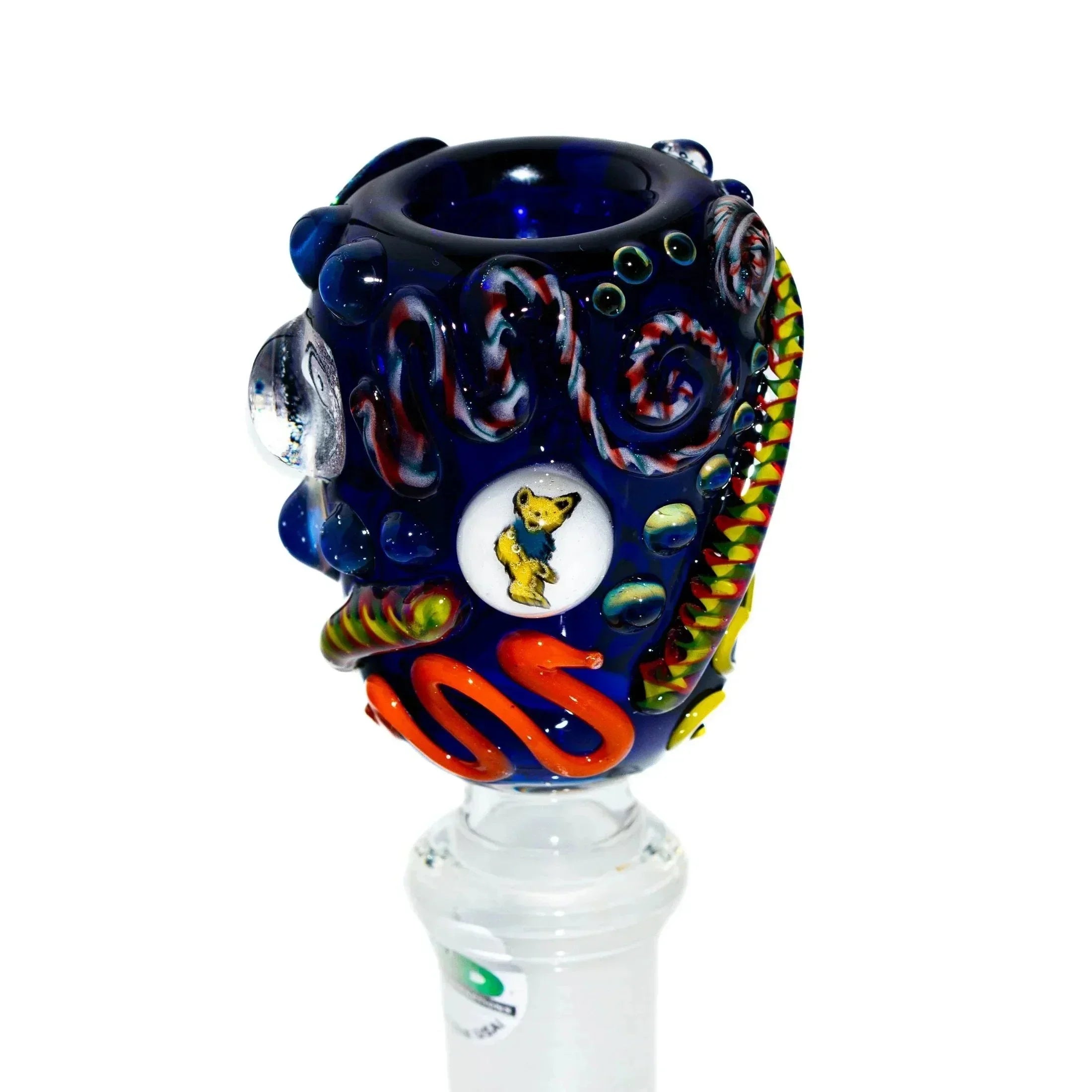 Colorful heady glass slide with dancing bear design, vibrant swirls, and textured accents.