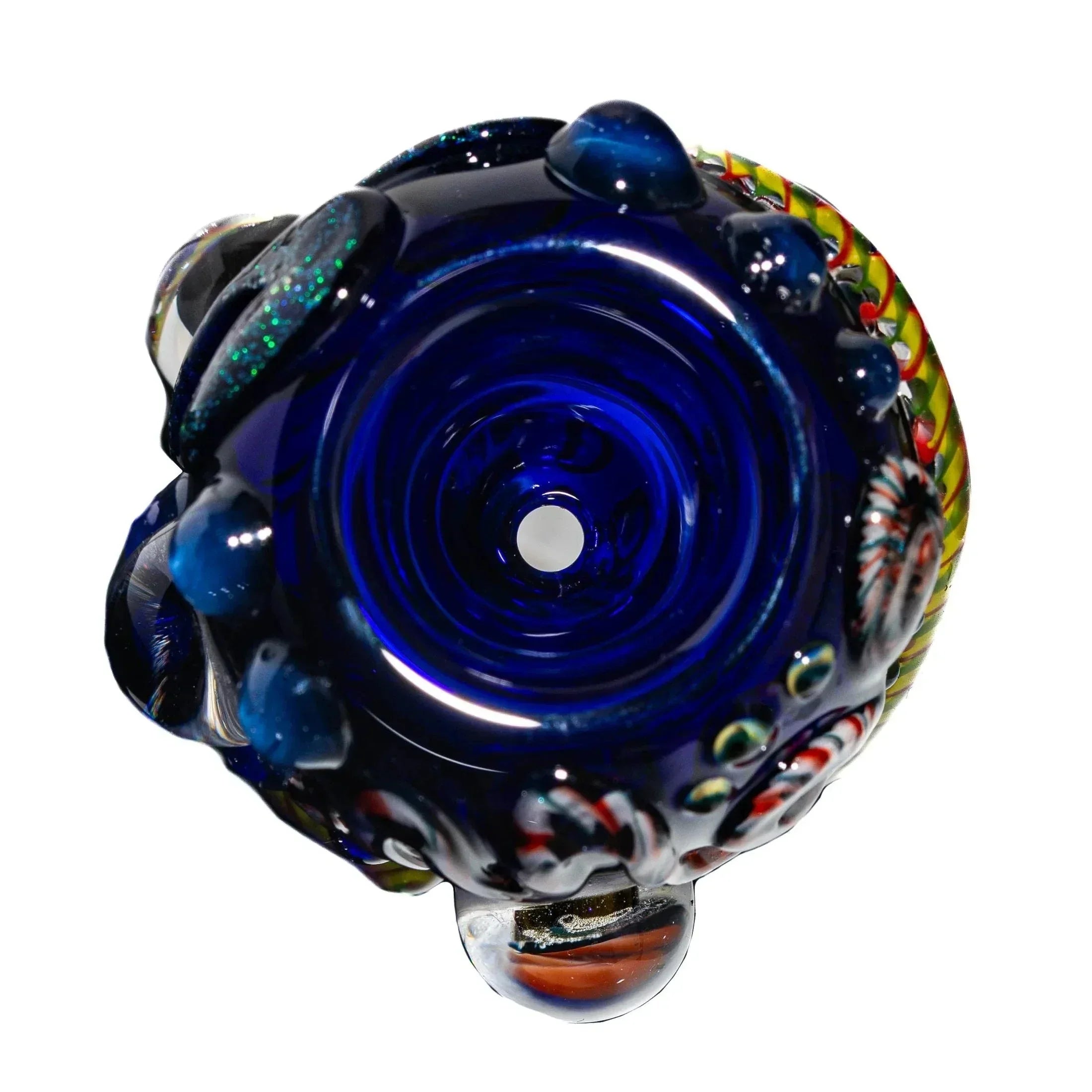 Colorful 14mm glass bowl slide with blue detailed design and decorative accents