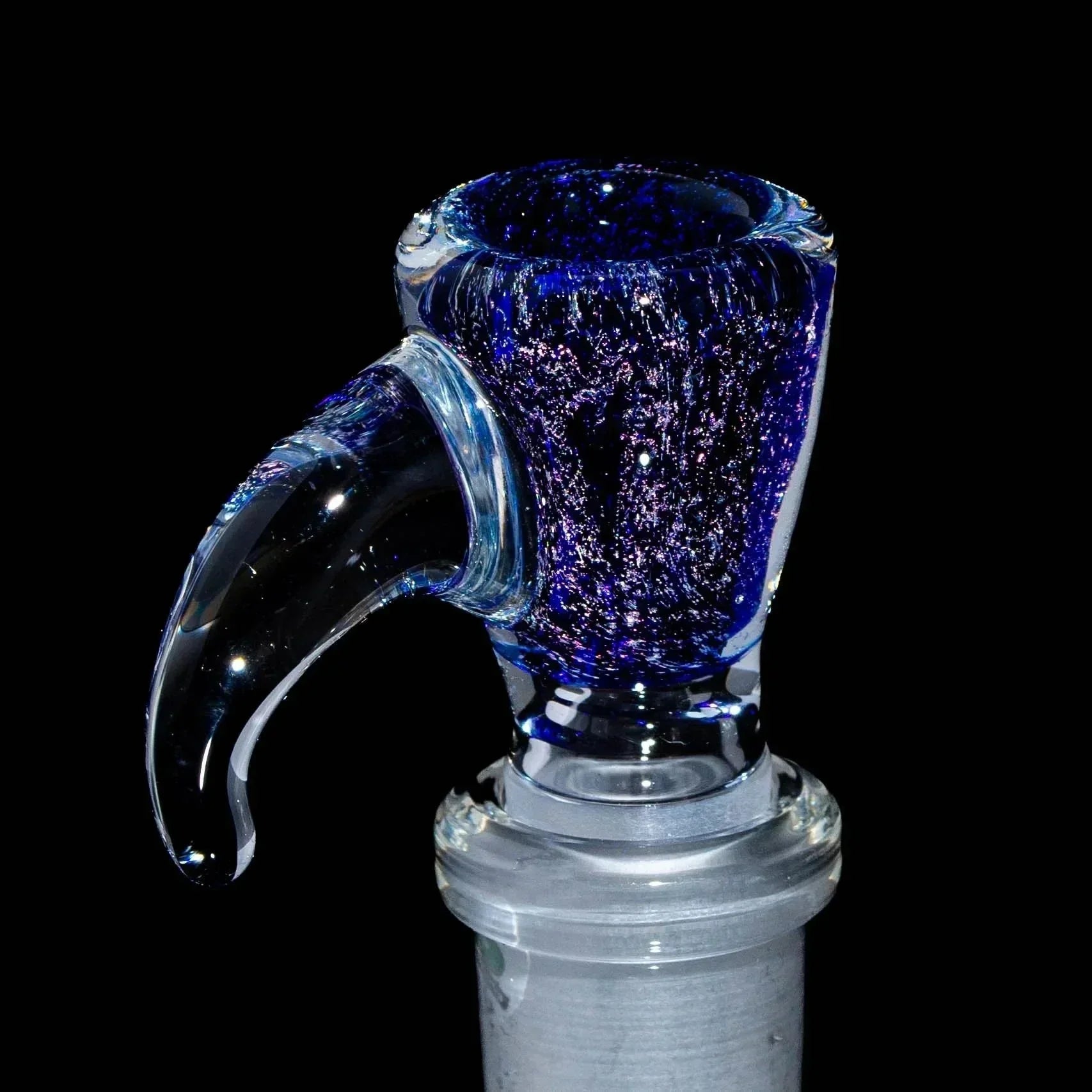 Pink dichroic 14mm glass slide bowl with flared handle for water pipe on black background