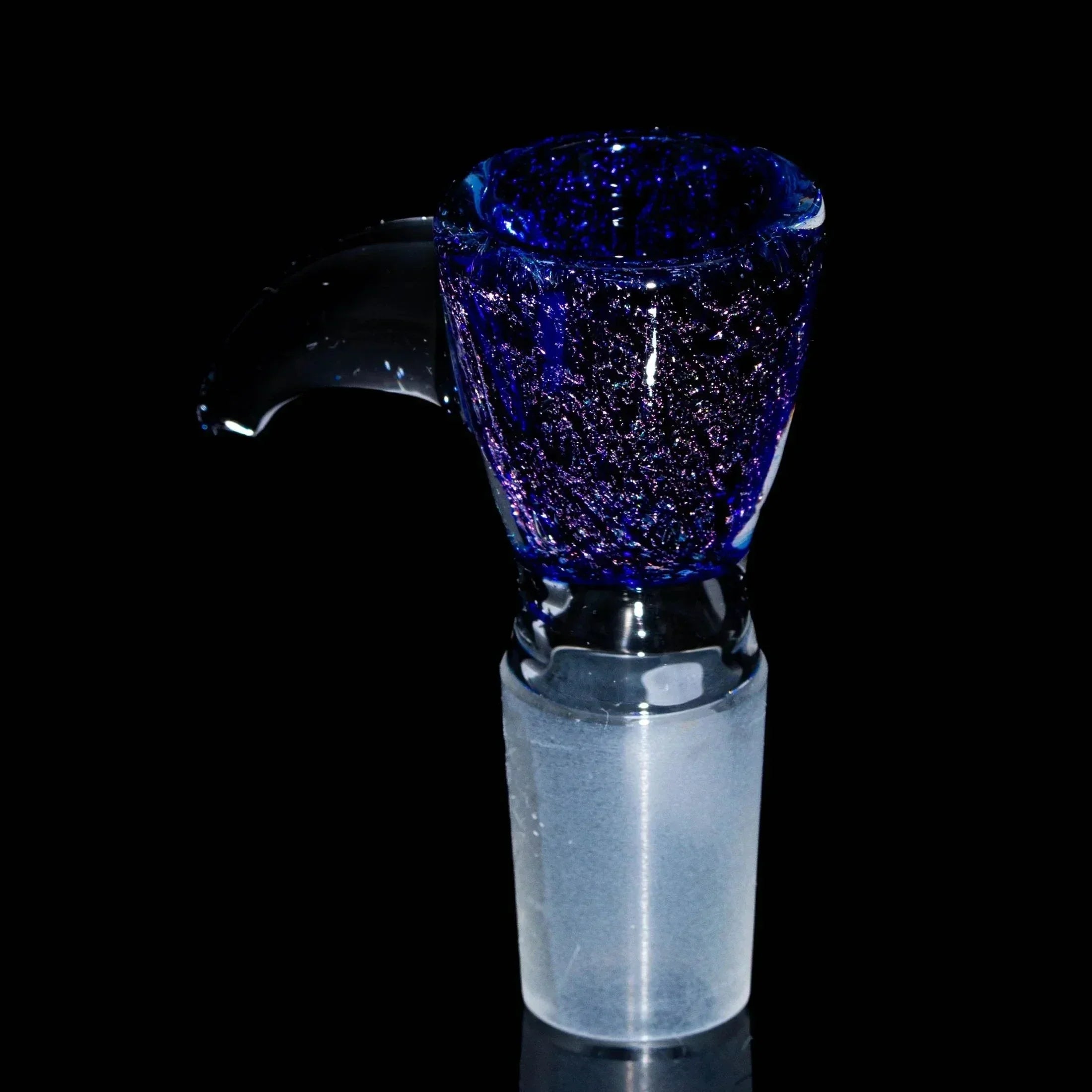 Blue and pink dichroic 18mm glass slide bowl with clear handle on black background