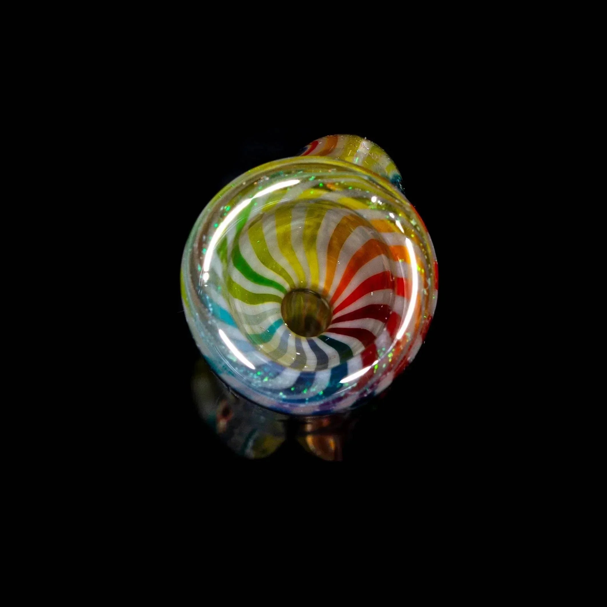 Colorful rainbow swirl glass pipe with dichroic accents on a black background