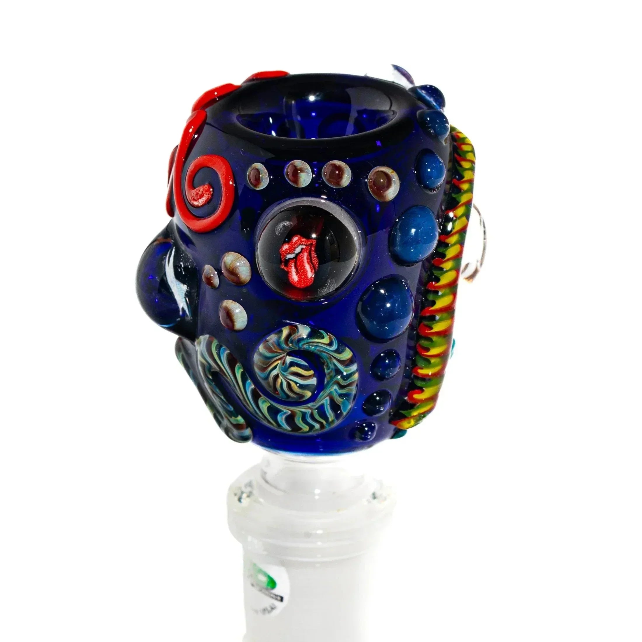Intricate blue and red glass bowl slide with swirling patterns and decorative accents, 14mm size.