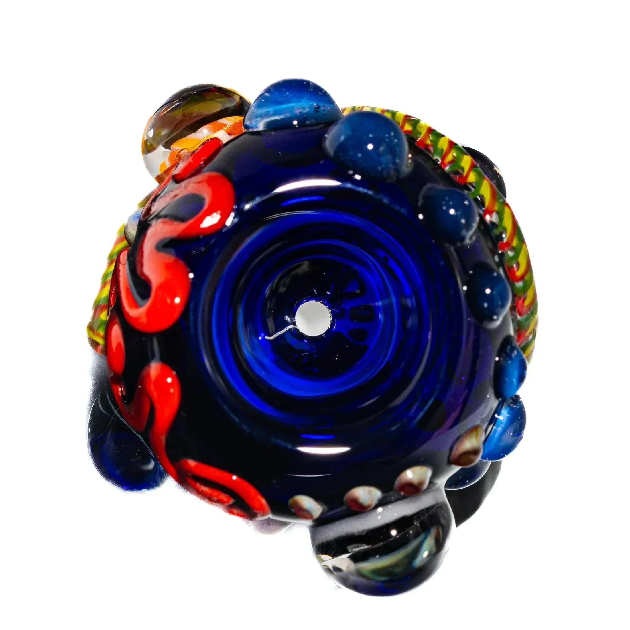 Colorful 14mm glass slide bowl with blue, red, and multicolor accents, close-up top view