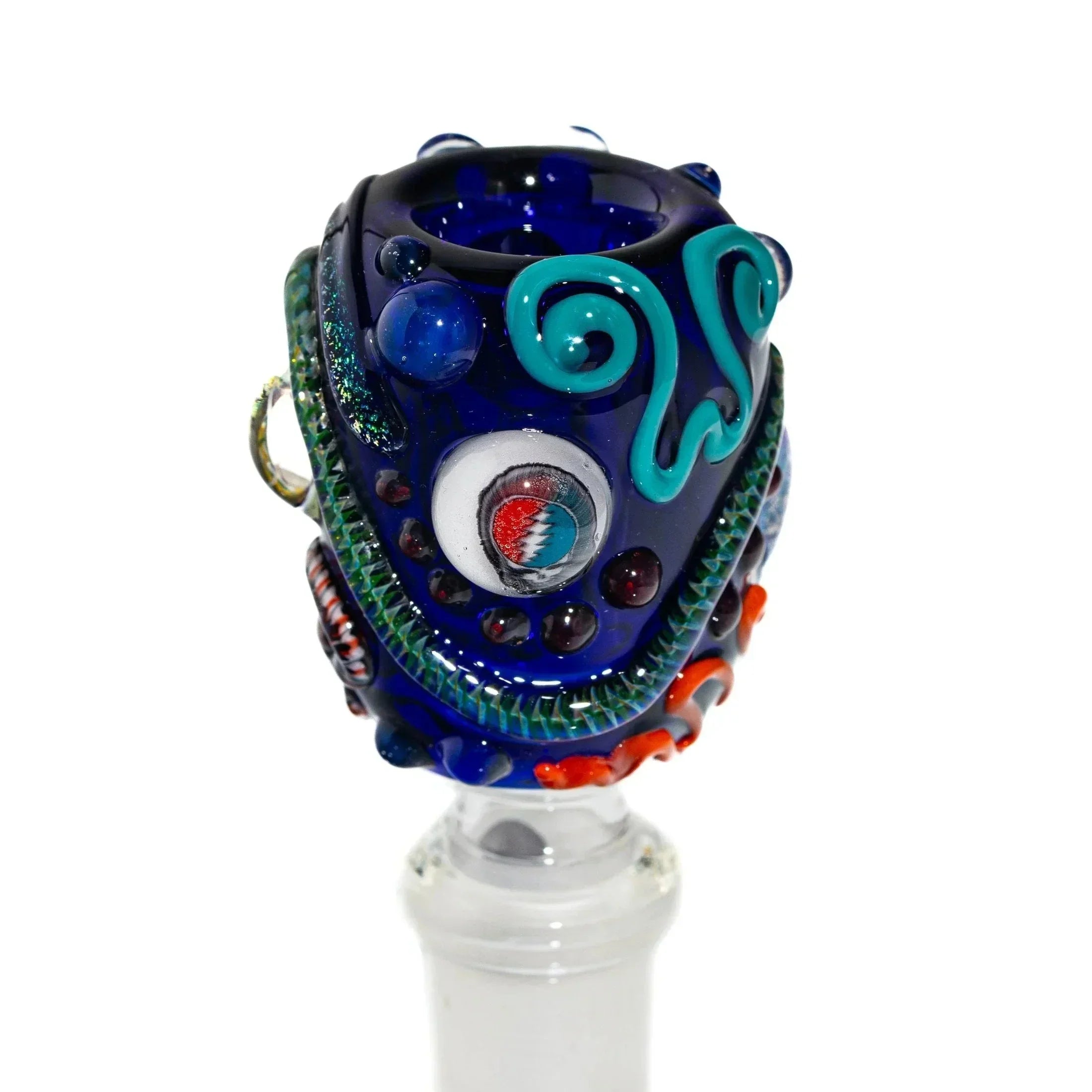 Handcrafted blue glass bowl slide with colorful swirls, eye design, and textured accents