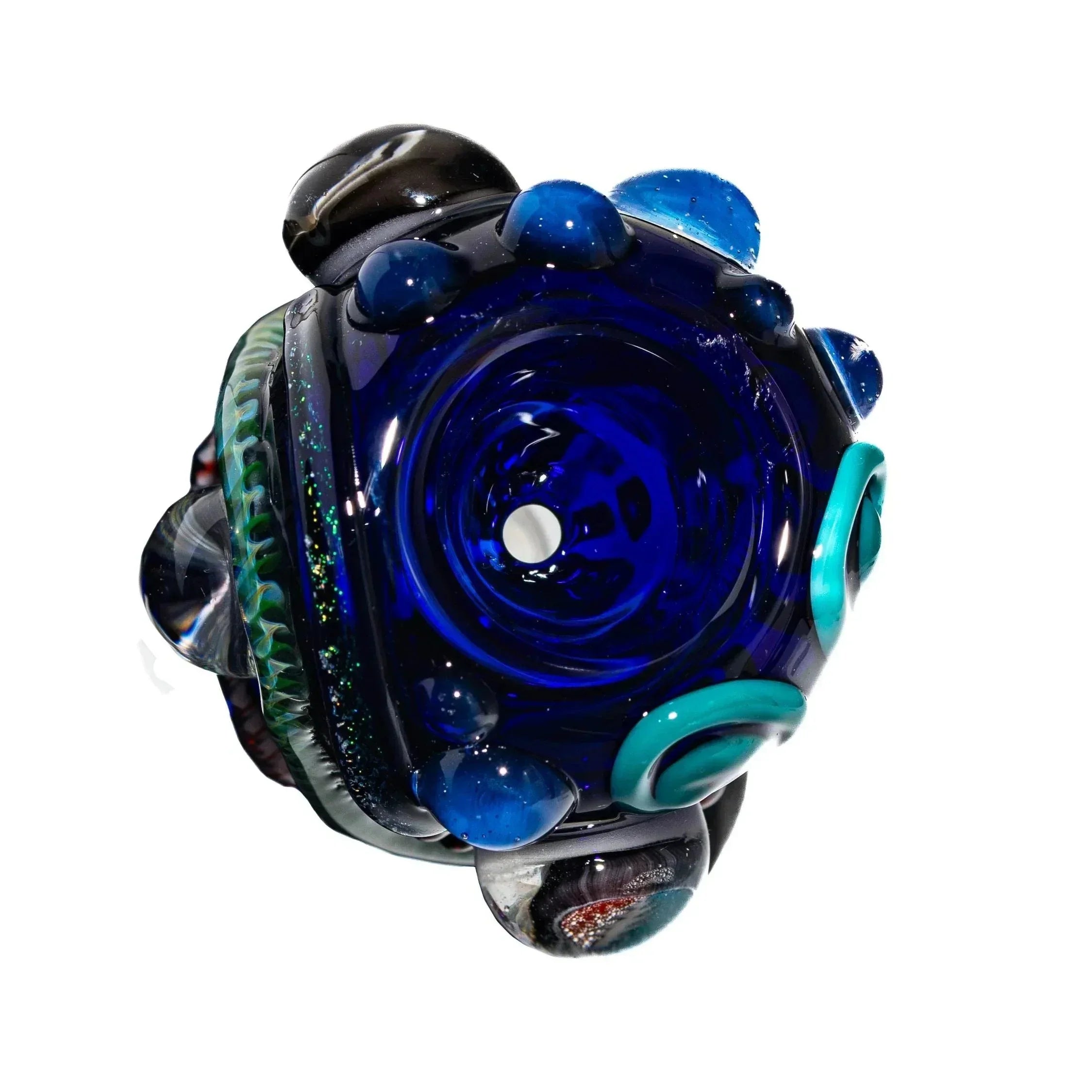 Colorful blue glass slide bowl with textured details and decorative glass accents