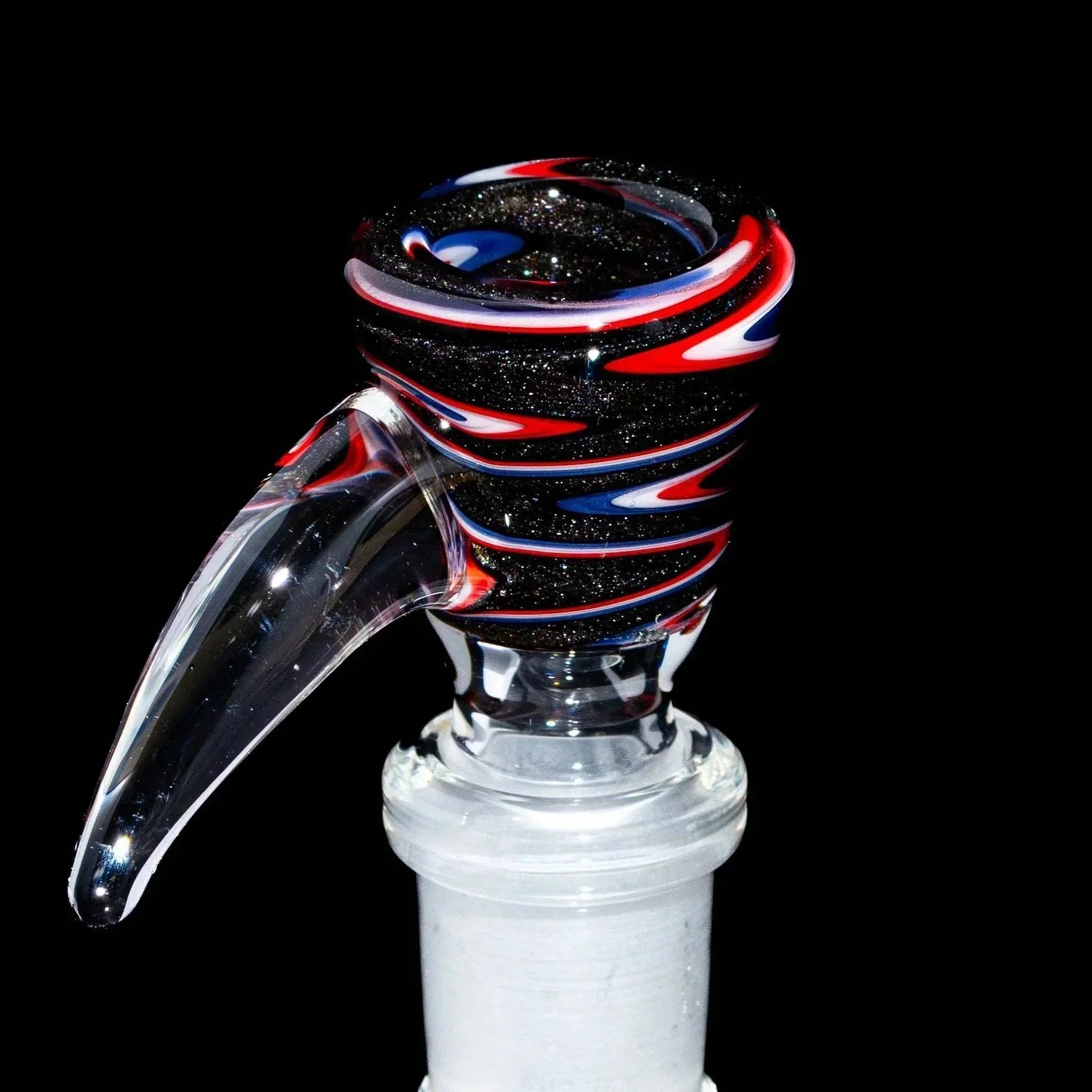 14mm glass slide bowl with red, white, and blue wig wag design and glitter accents
