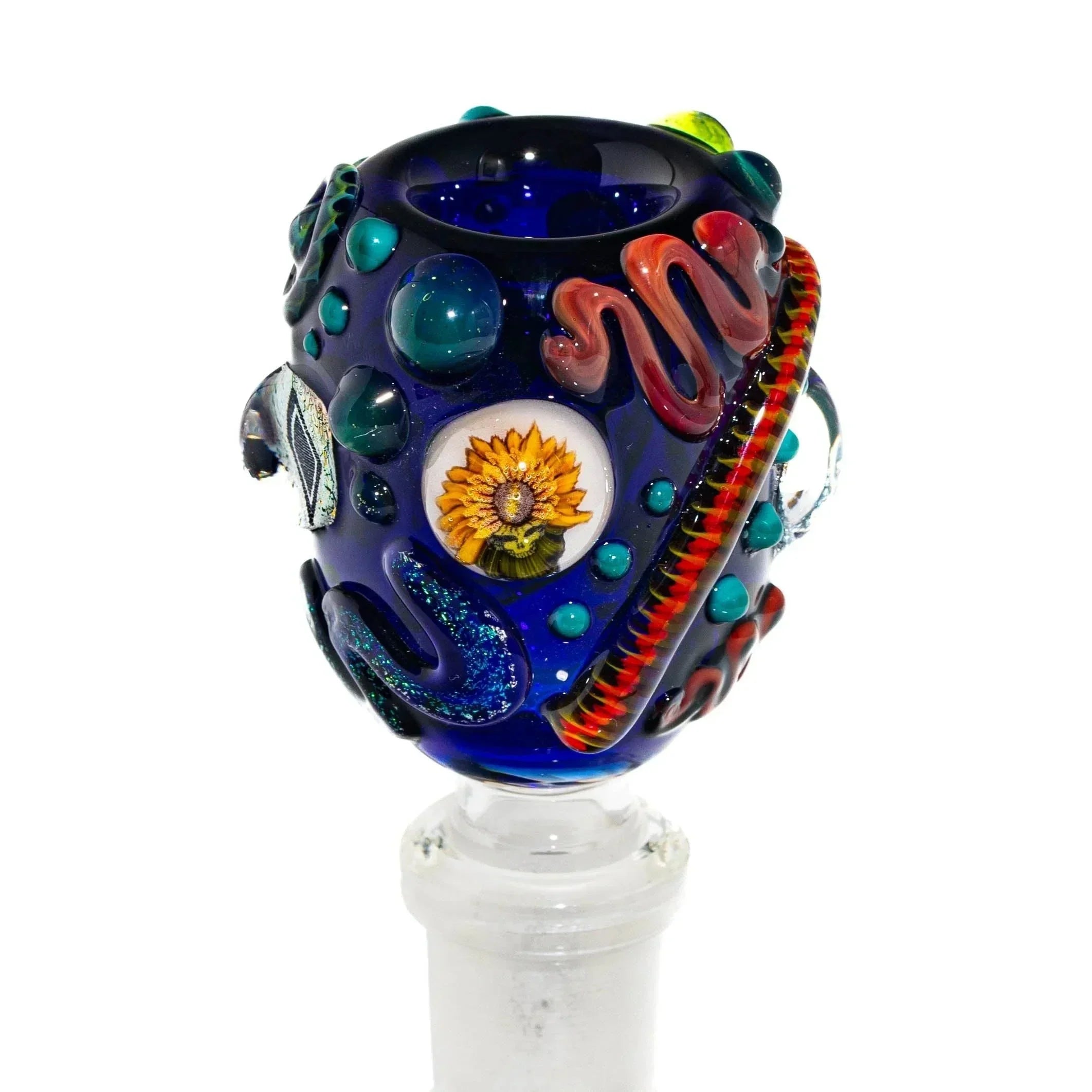 Heady glass bowl with a blue base, sunflower design, and colorful sculpted accents