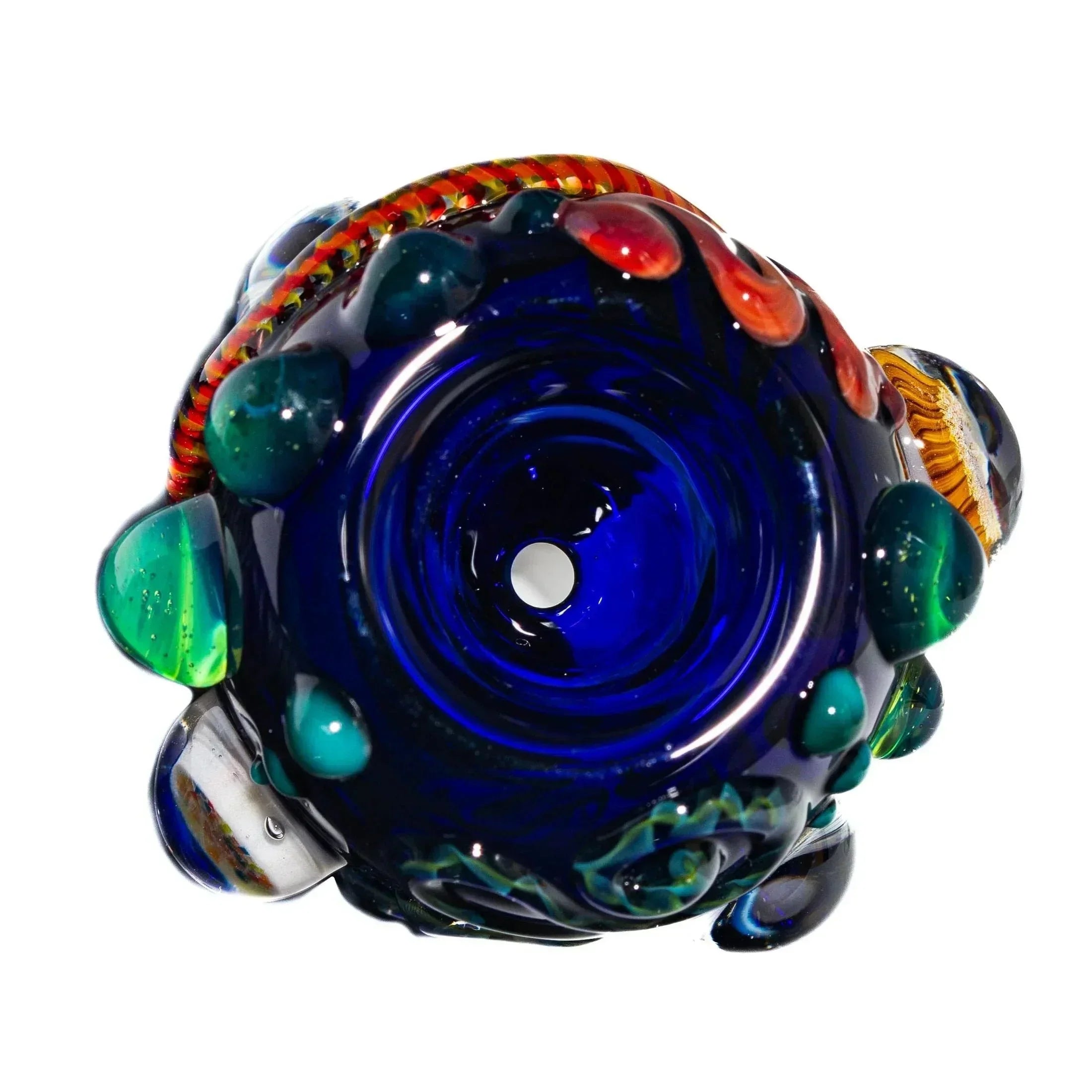 Colorful glass bowl slide with blue, green, and red accents for water pipes