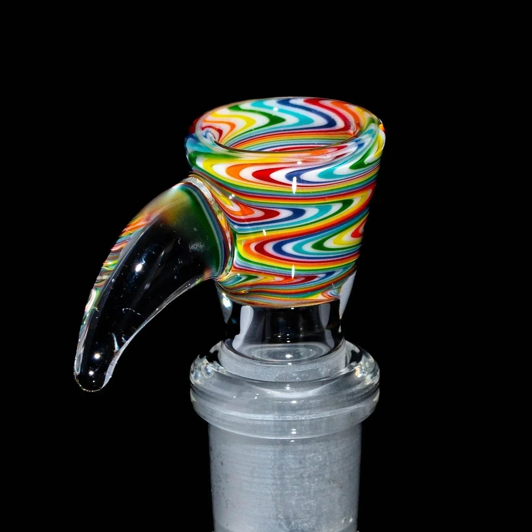 14mm rainbow wig wag glass slide bowl with colorful swirl pattern on black background