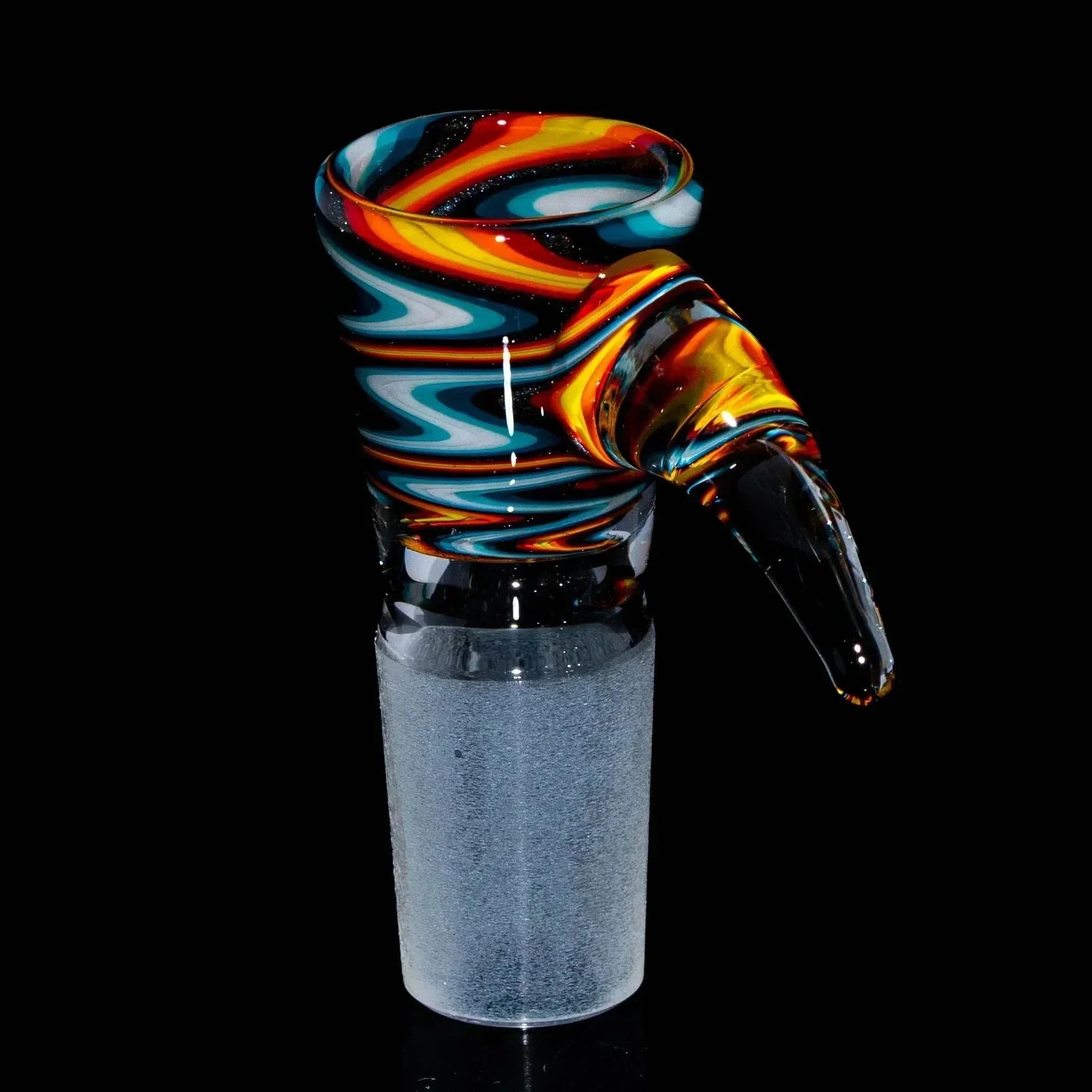 Colorful wig wag 18mm glass slide bowl with white, blue, and orange swirls on black background