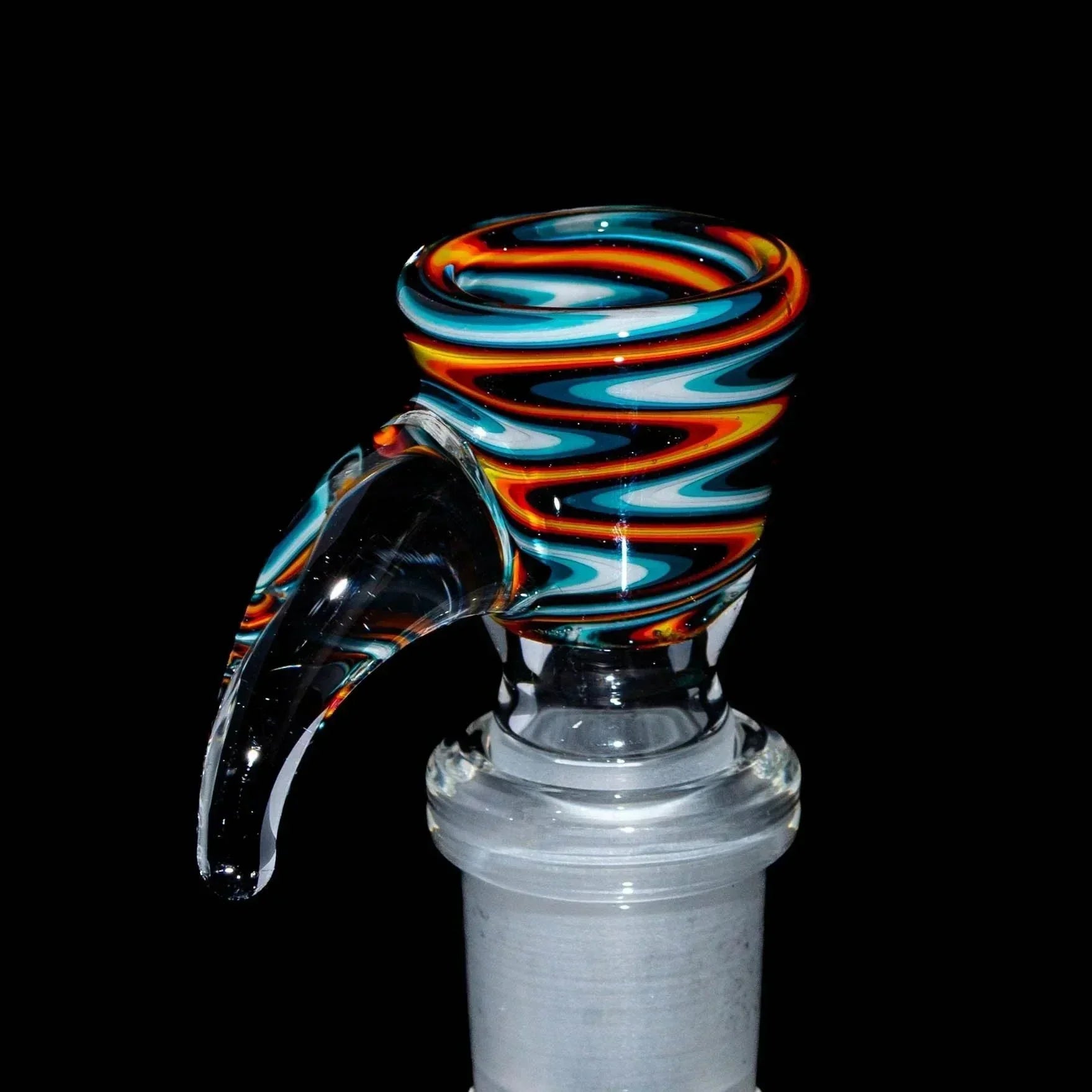 Colorful wig wag 14mm glass bowl slide with fire and ice swirl pattern on black background