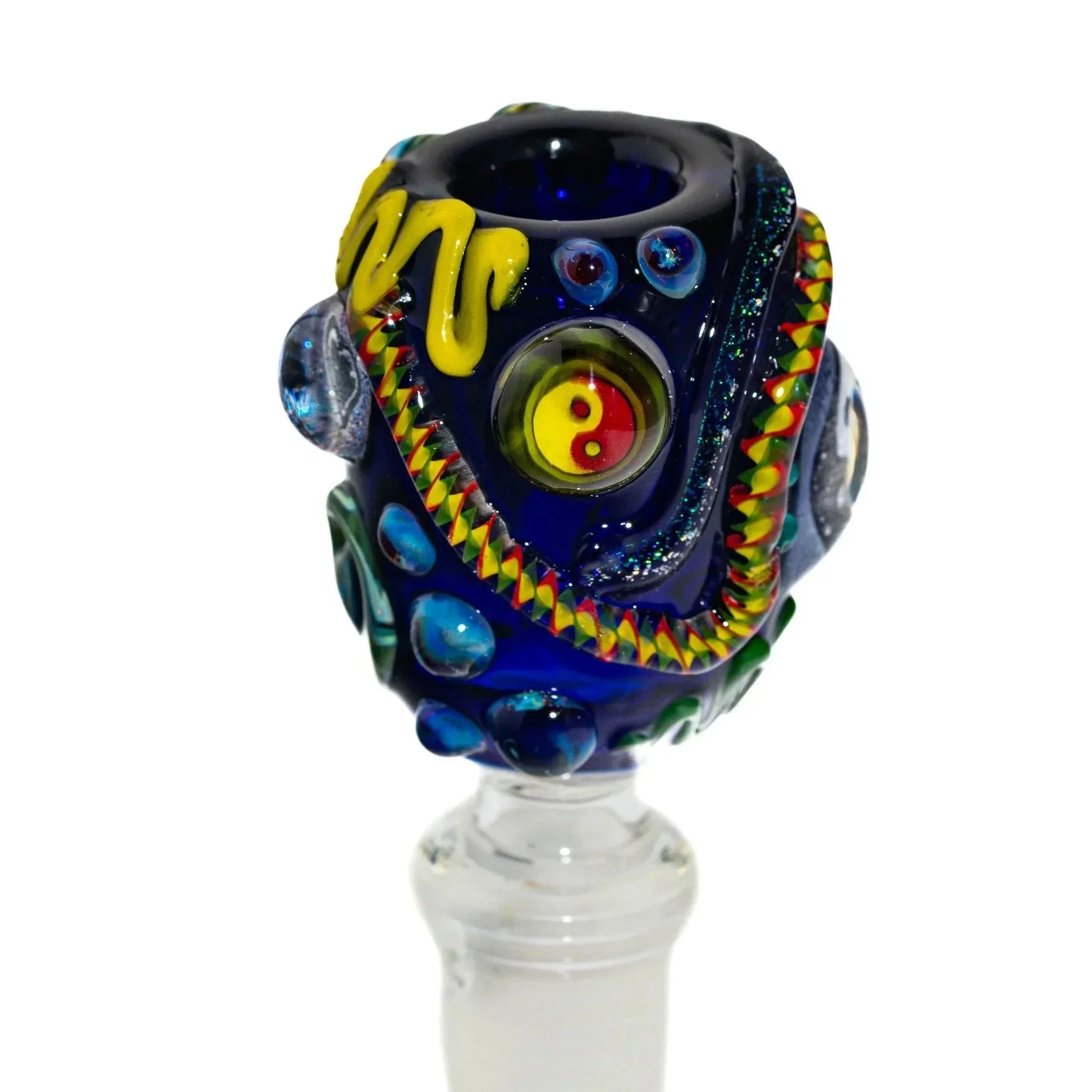 Hand blown glass bowl with blue, yellow, and multicolor accents and yin yang design