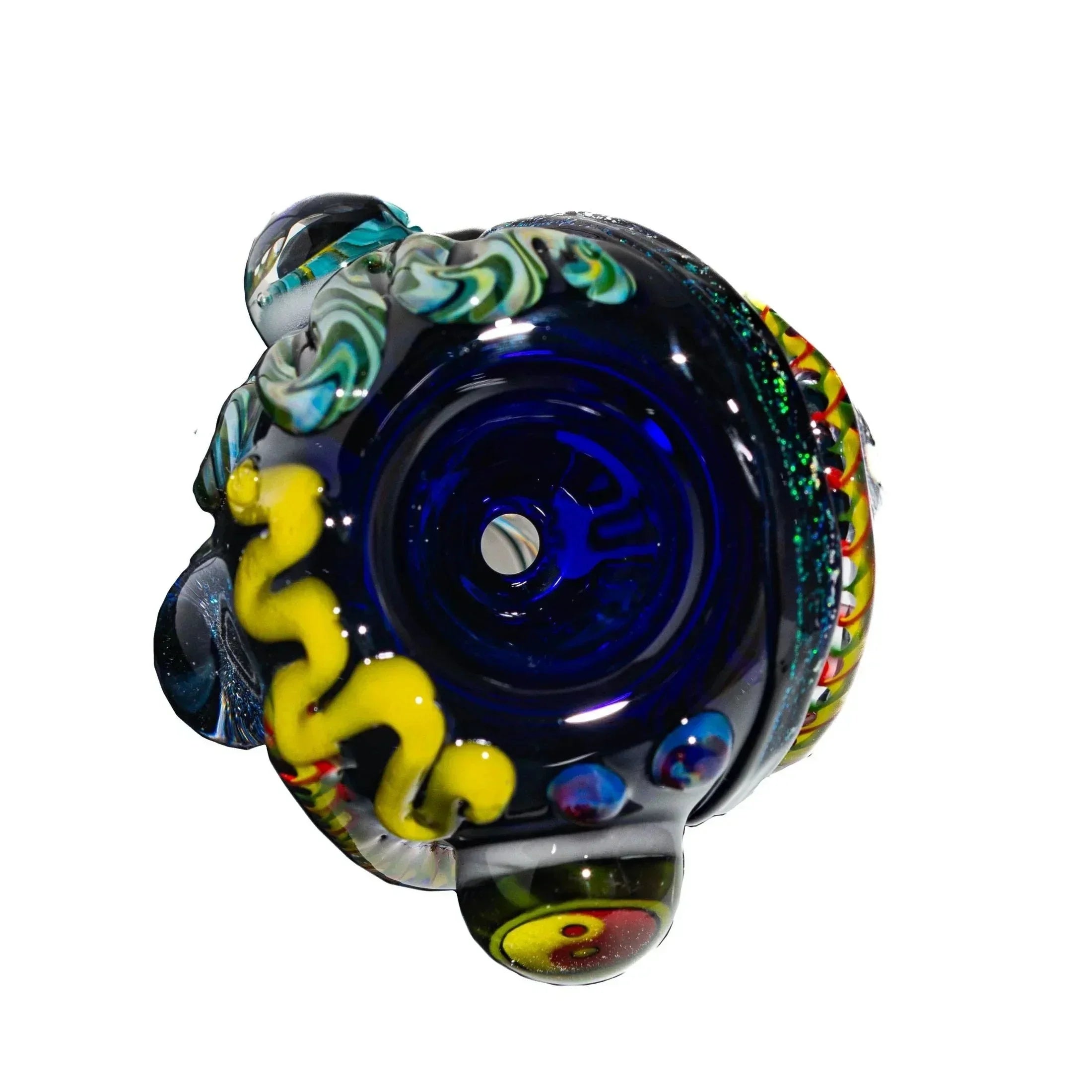 Colorful glass bowl slide with yin-yang design and intricate patterns, 14mm size