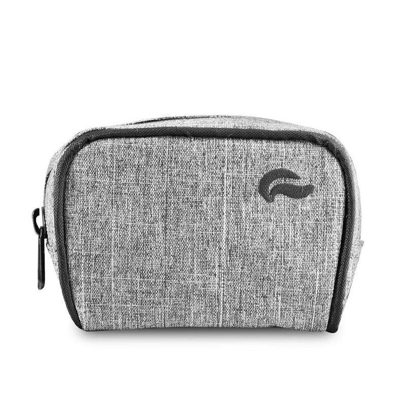Gray portable storage case with zipper and black logo, ideal for vaporizers and accessories