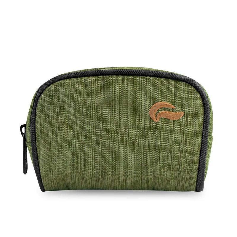Olive green padded carrying case with brown logo and black zipper, perfect for accessories storage