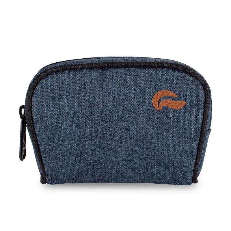 Denim blue zippered carrying case with brown accent, compact and textured fabric design