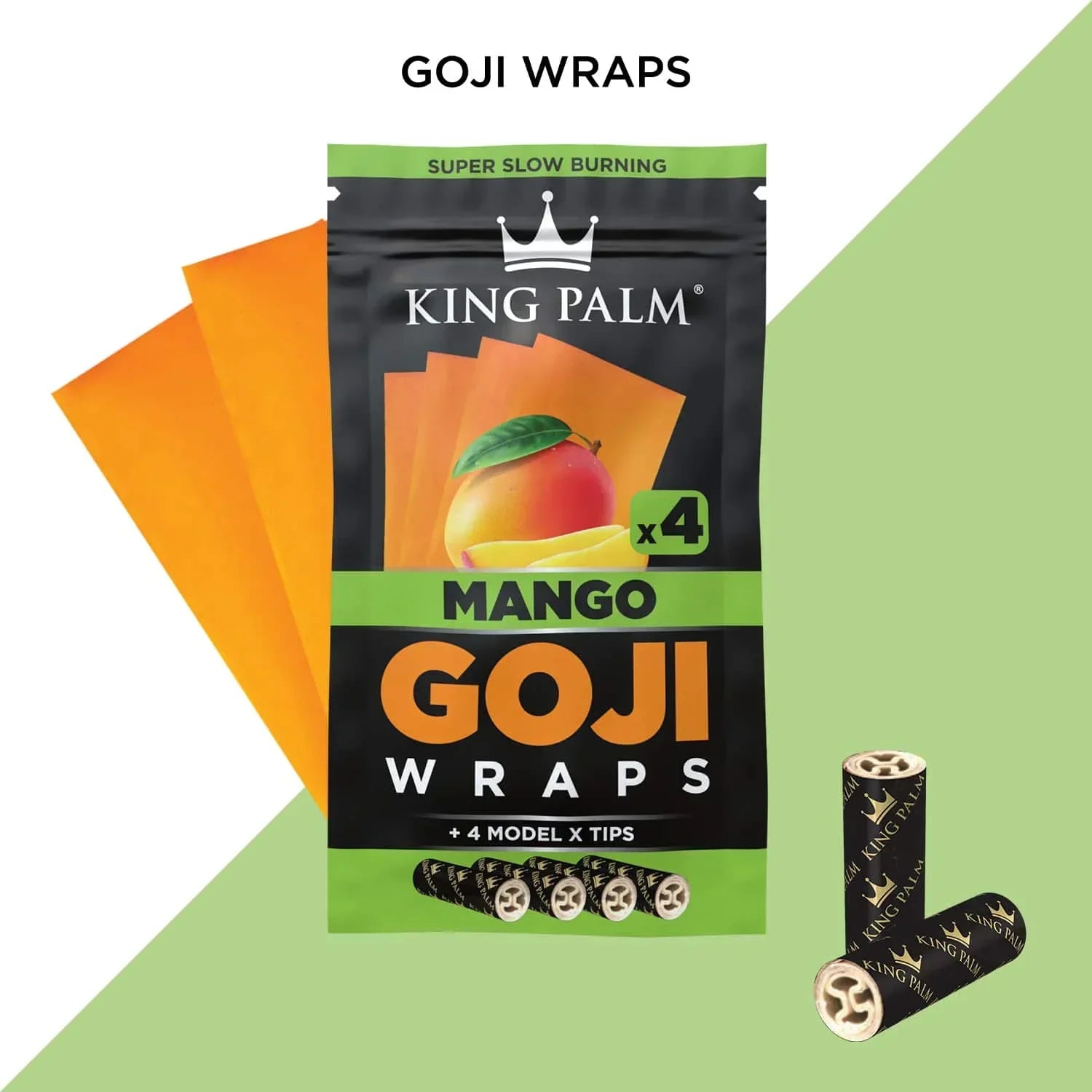 King Palm Mango Goji Wraps pack with 4 slow burning wraps and tips on green background
