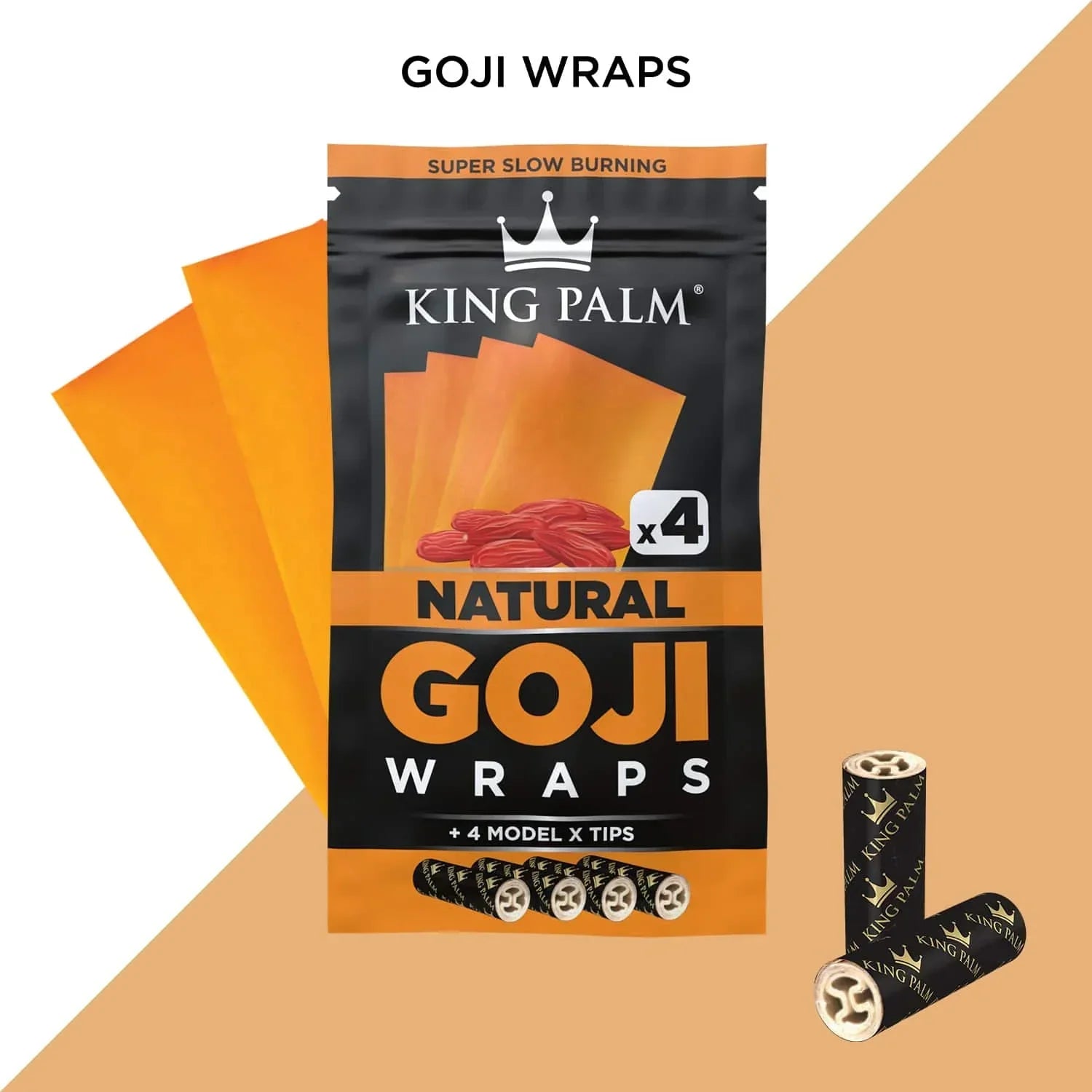 King Palm Goji Wraps natural slow burning wraps pack with tips, orange wraps shown.
