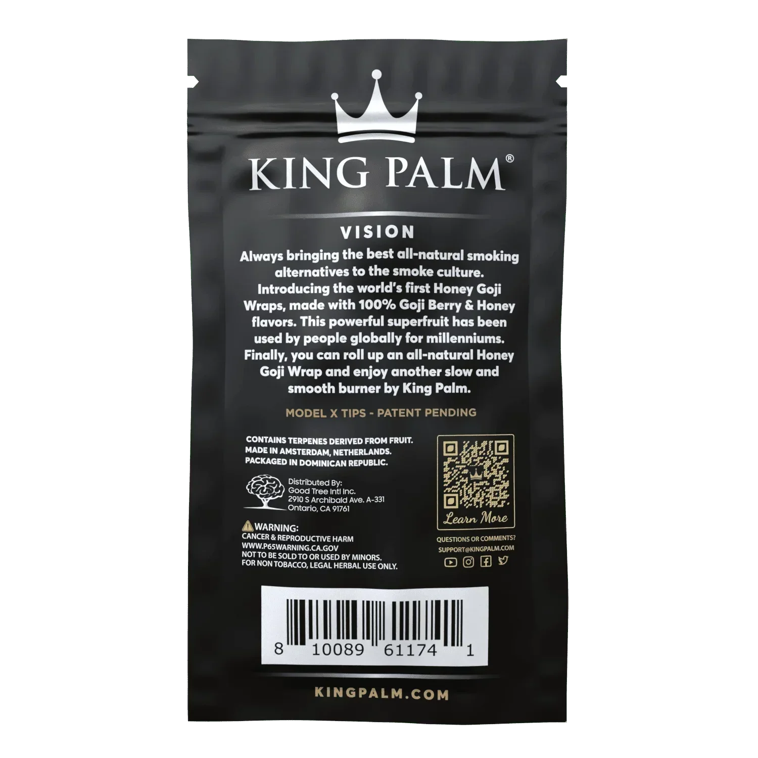 Back of King Palm Honey Goji Wraps pouch with product description, barcode, and QR code