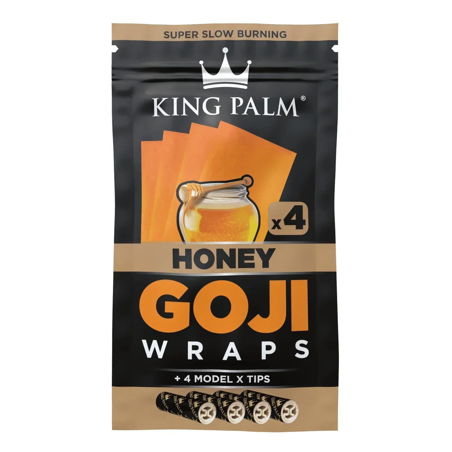 King Palm honey goji wraps pouch with jar of honey, 4 slow burning wraps, and tips