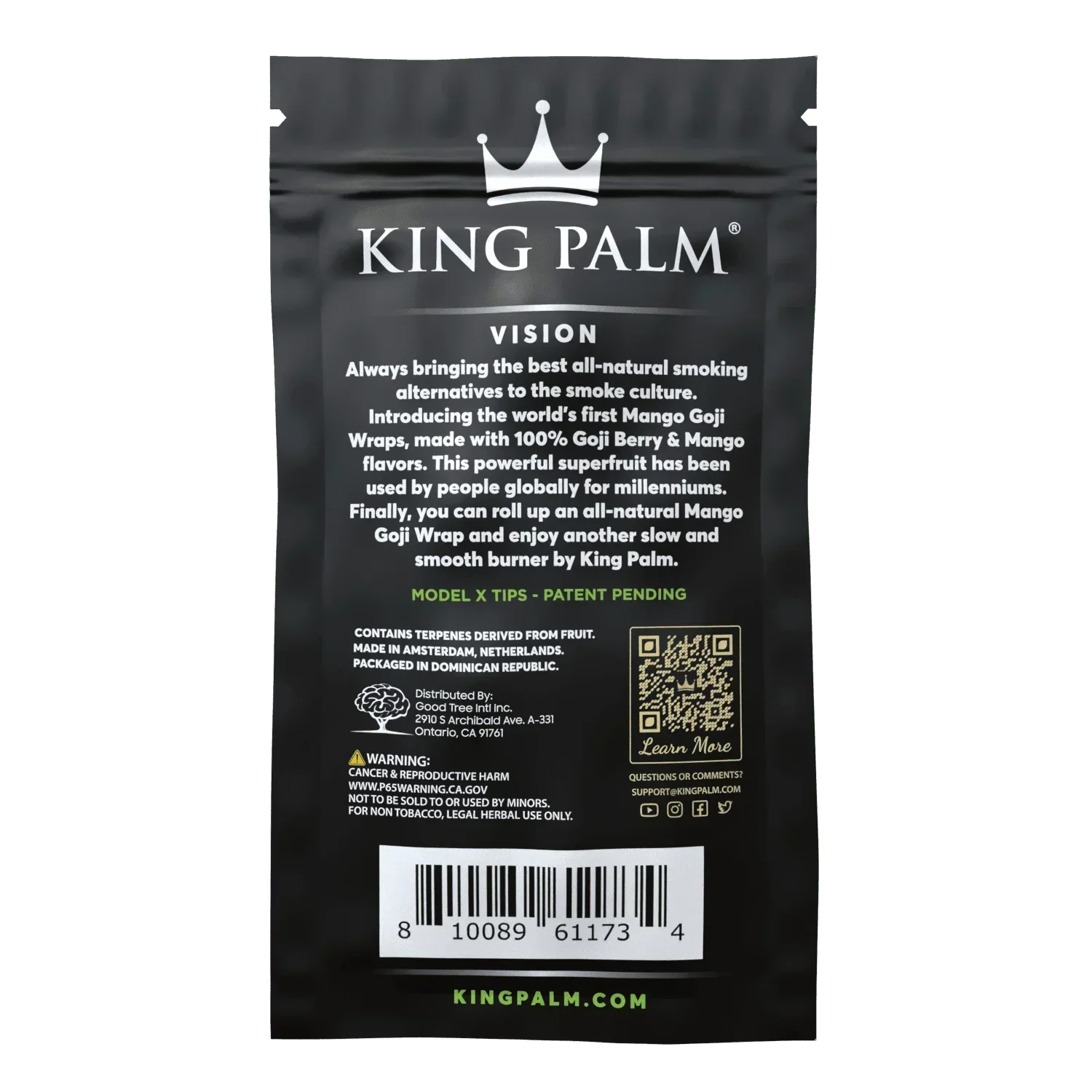 Back of King Palm Goji Mango pouch showing product details, barcode, and QR code.
