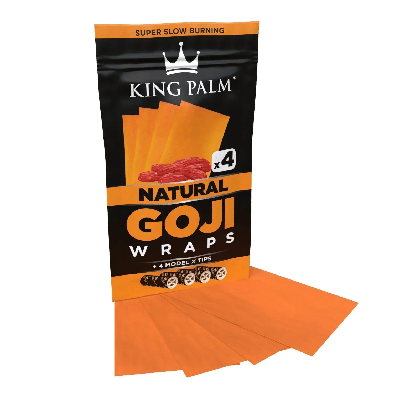 King Palm natural goji wraps packaging with orange wraps displayed in front