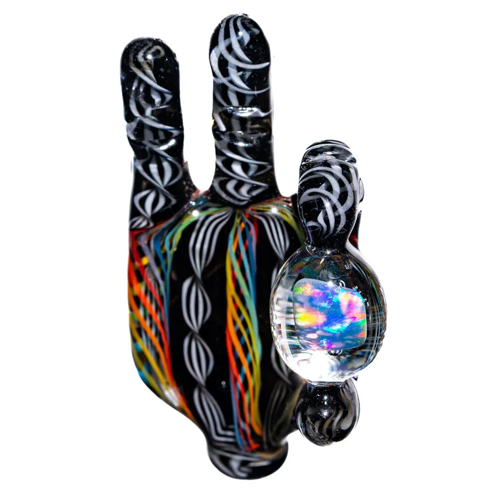 Colorful zanfirico linework glass pendant shaped like a hand with opal accent