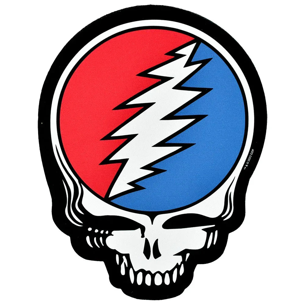 Colorful skull-shaped dab mat with red and blue lightning bolt design, die-cut style