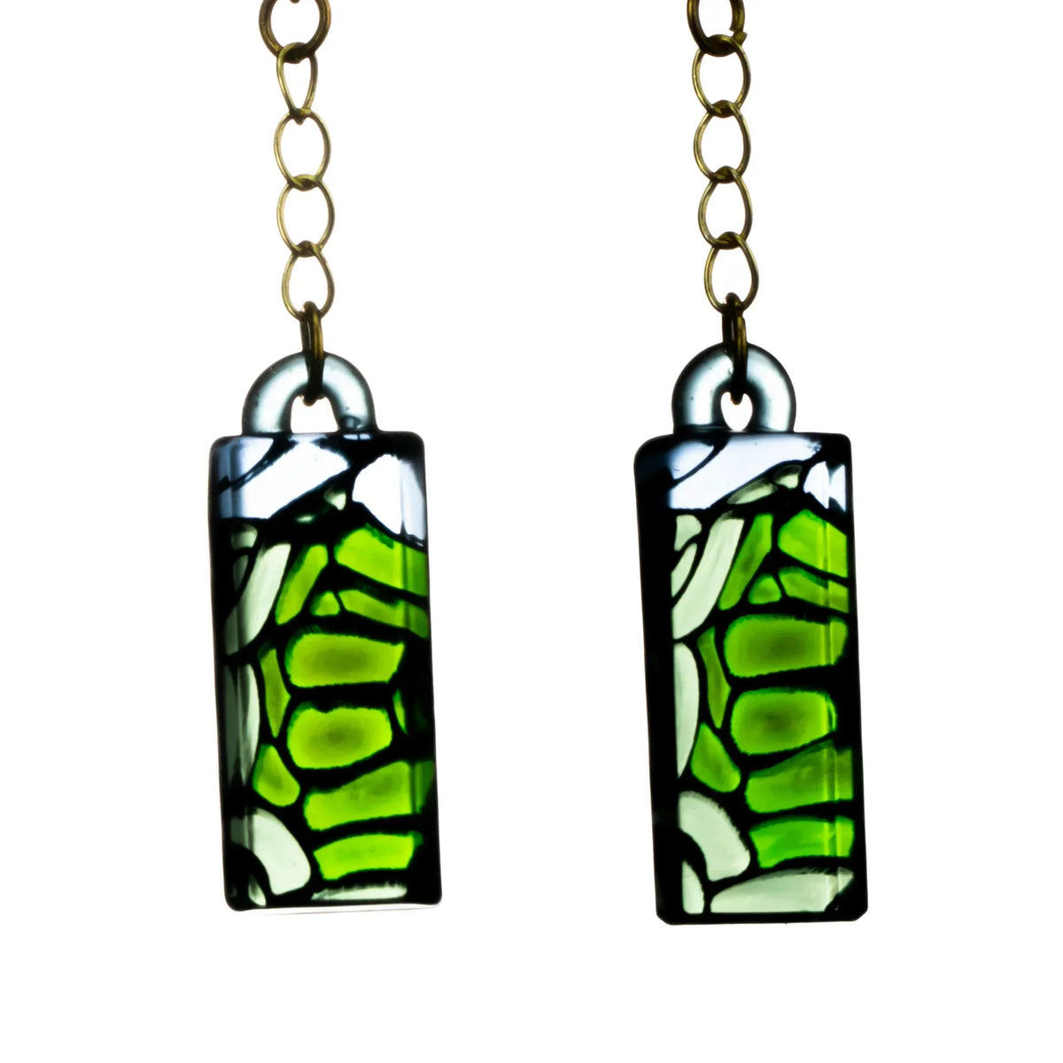Green stained glass earrings with geometric mosaic design and gold chain accents
