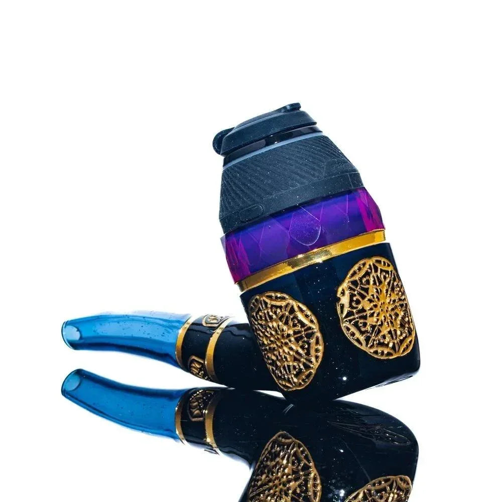 Mandala-patterned glass pipe and proxy attachment with gold accents and blue mouthpiece