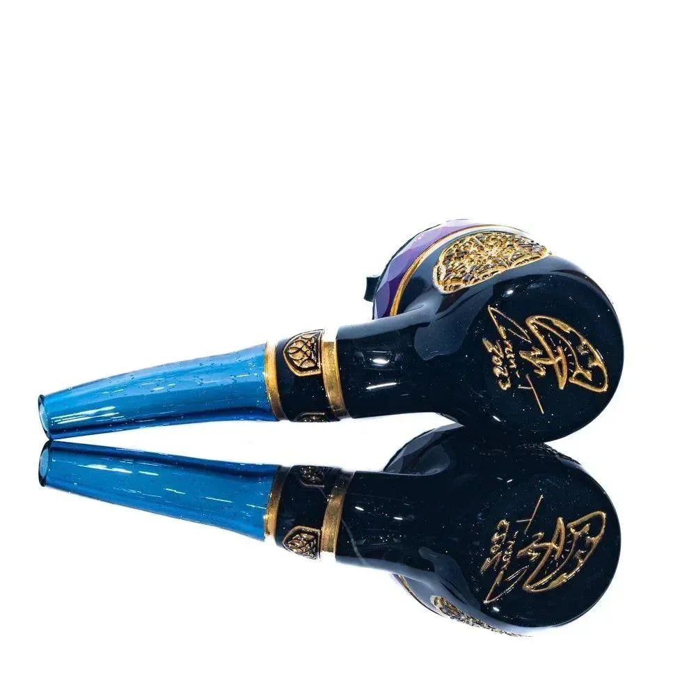Handblown glass pipe with blue stem, gold accents, and intricate mandala design