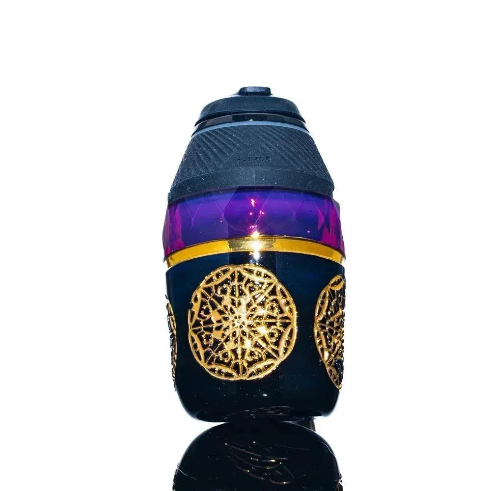 Mandala-patterned glass vaporizer attachment with purple and gold accents