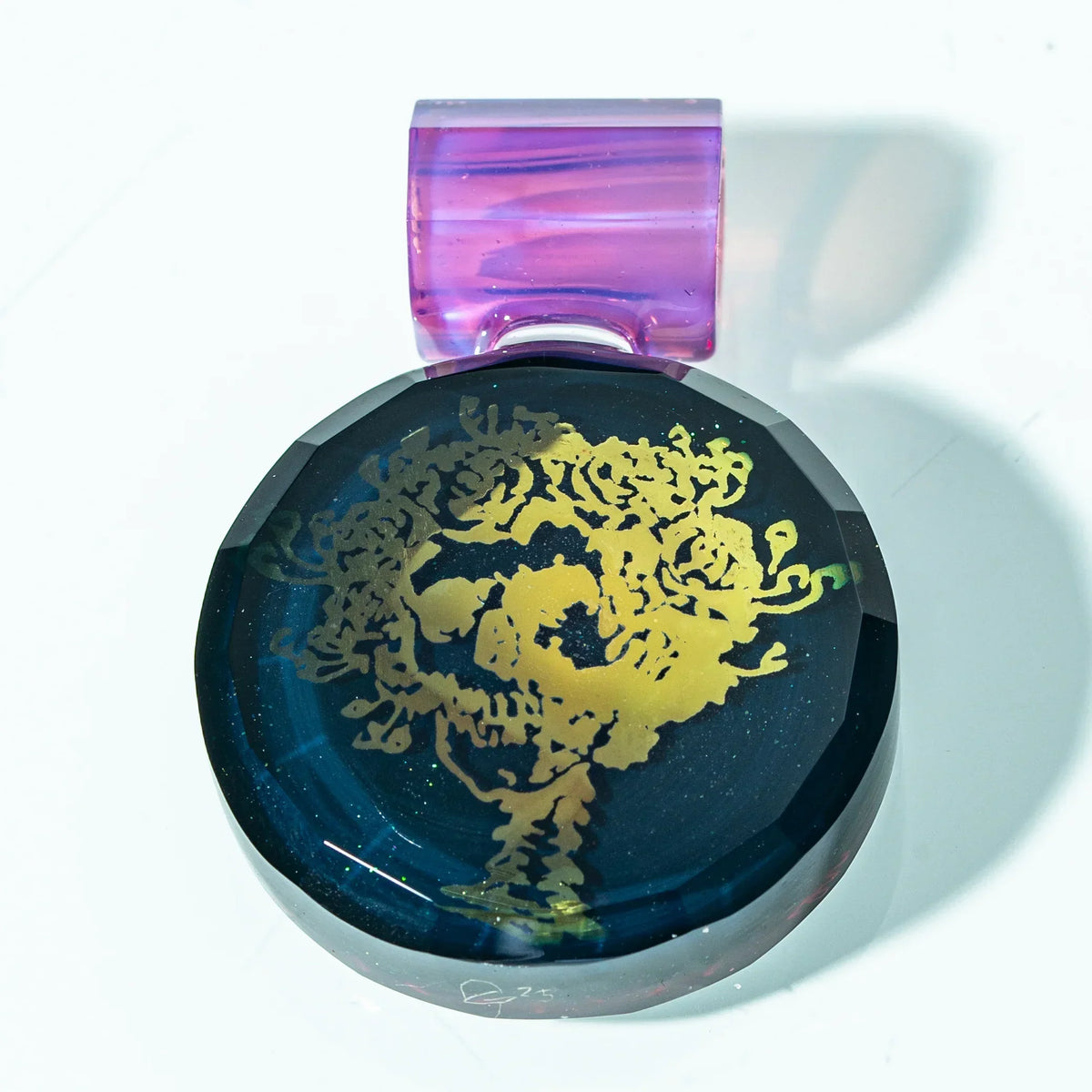 Gold skull and floral design glass pendant with purple loop, heady glass accessory