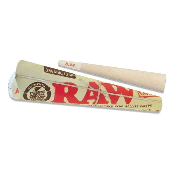 RAW pre-rolled organic hemp cone and packaging for natural rolling papers