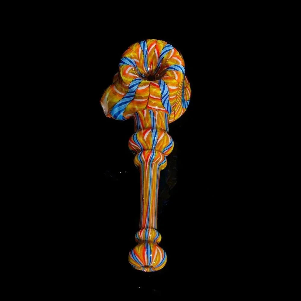 Hand-blown glass pipe with vibrant orange and blue zanfirico cane design on black background.