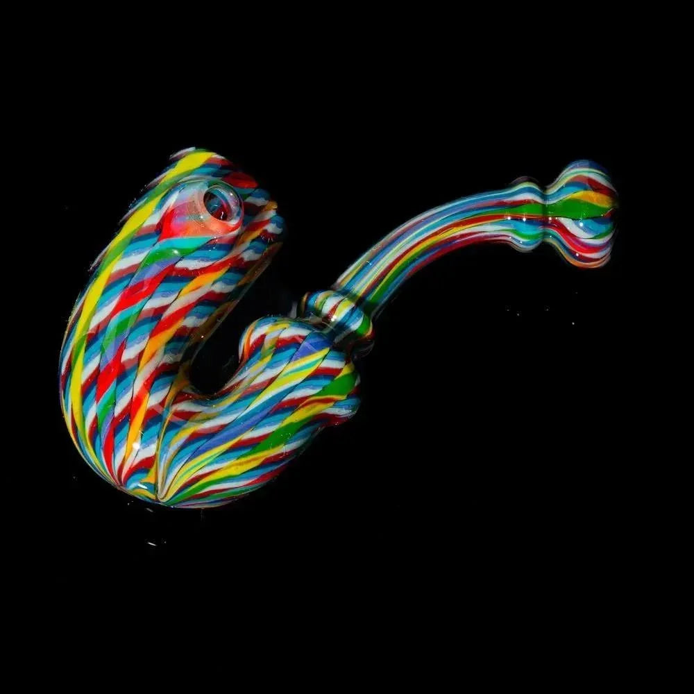 Rainbow zanfirico glass Sherlock pipe with vibrant twisted pattern on black background